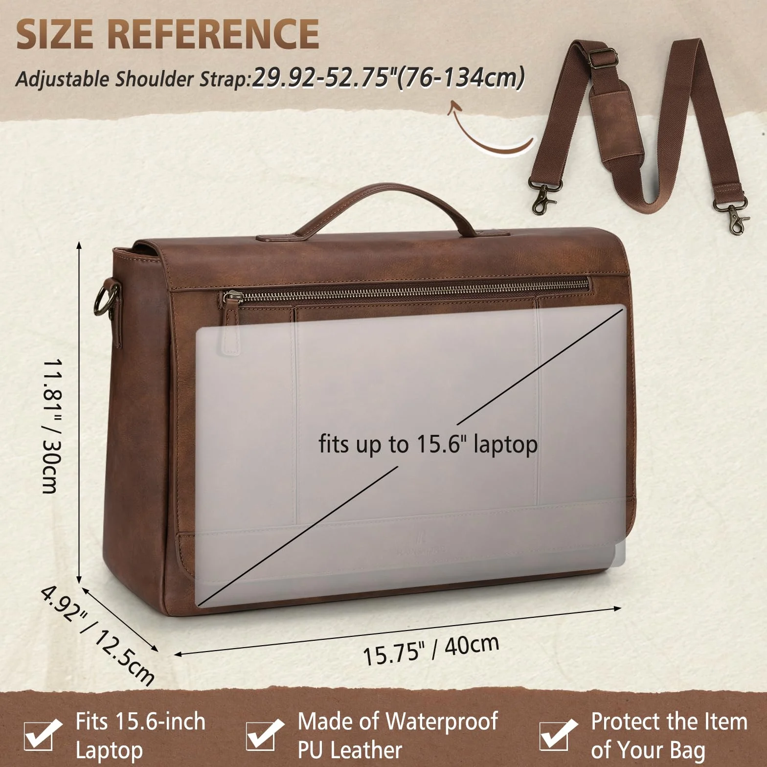 RAINSMORE Aktentasche Herren PU Leder Wasserdichte Umhängetasche Laptoptasche 15,6 Zoll Vintage Groß Arbeitstasche Messenger Bag Schultertasche für Arbeit Büro Uni Schule