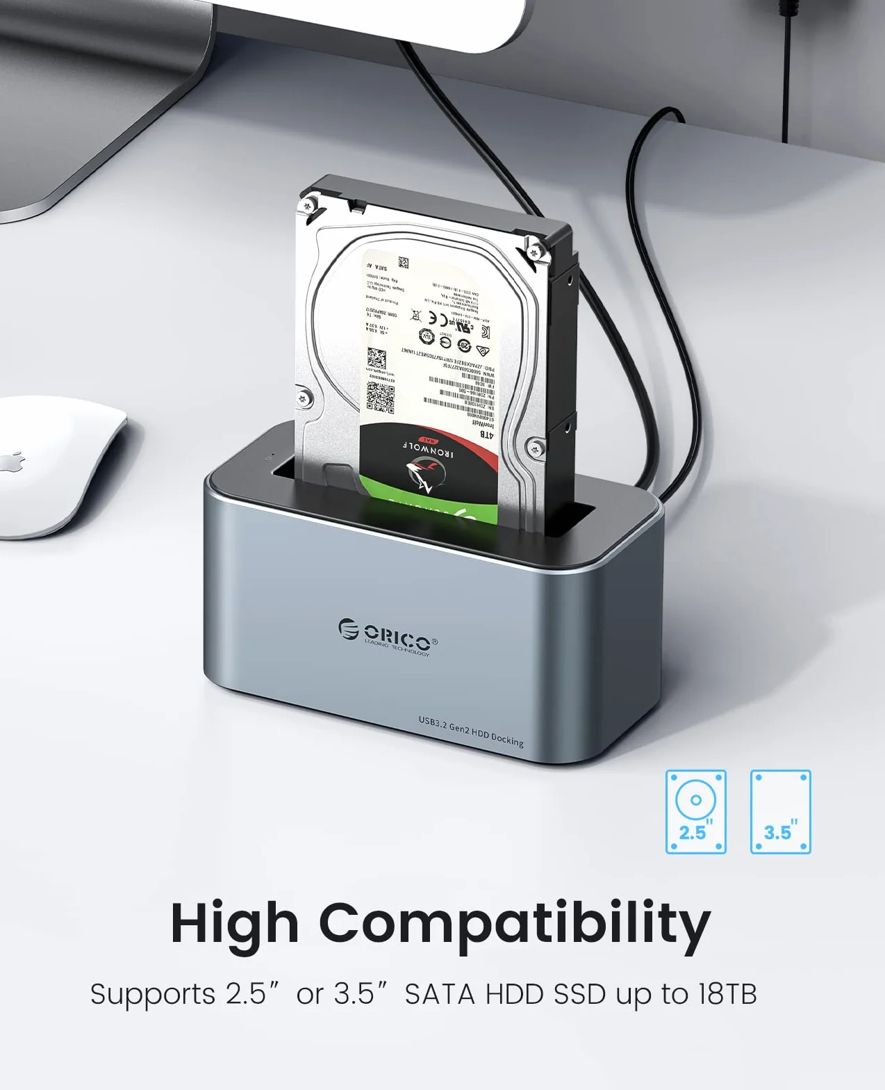ORICO Aluminium Festplatten Dockingstation, 6Gbps USB 3.2 Gen 2 SSD/HDD Docking Station für SATA 2,5/ 3,5 Zoll bis zu 18 TB, mit 12V 2A Netzteil, Unterstützt USB A und USB C, Werkzeugfrei(6616C3)