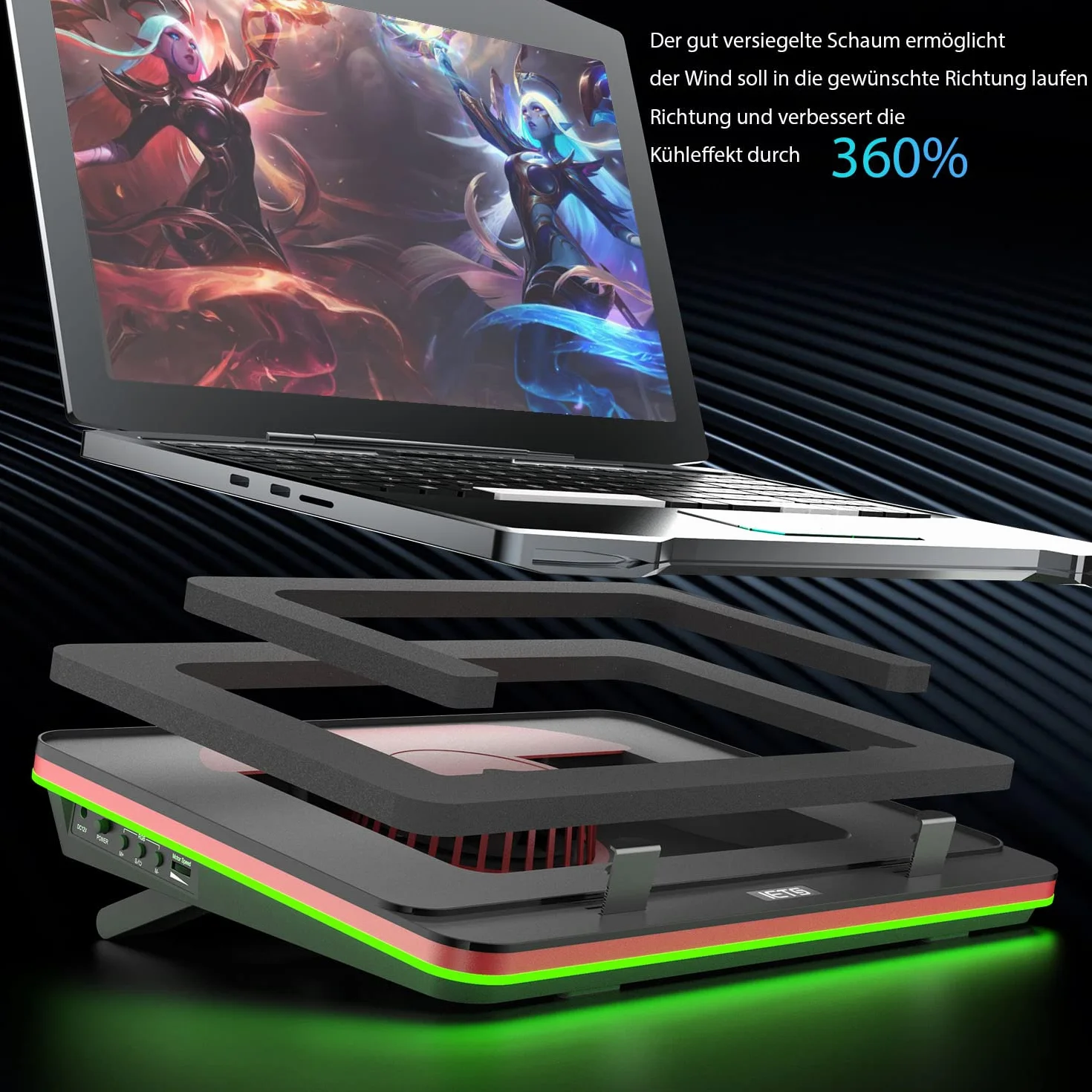IETS GT500 Stark Turbo-Fan (5000 U/min) RGB-Laptop-Kühlpad mit stufenloser Geschwindigkeit, Dichtungsschaum für schnell abkühlende Gaming-Laptop, 13-17,3 Zoll Kühler mit 3-Port-USB-Hub