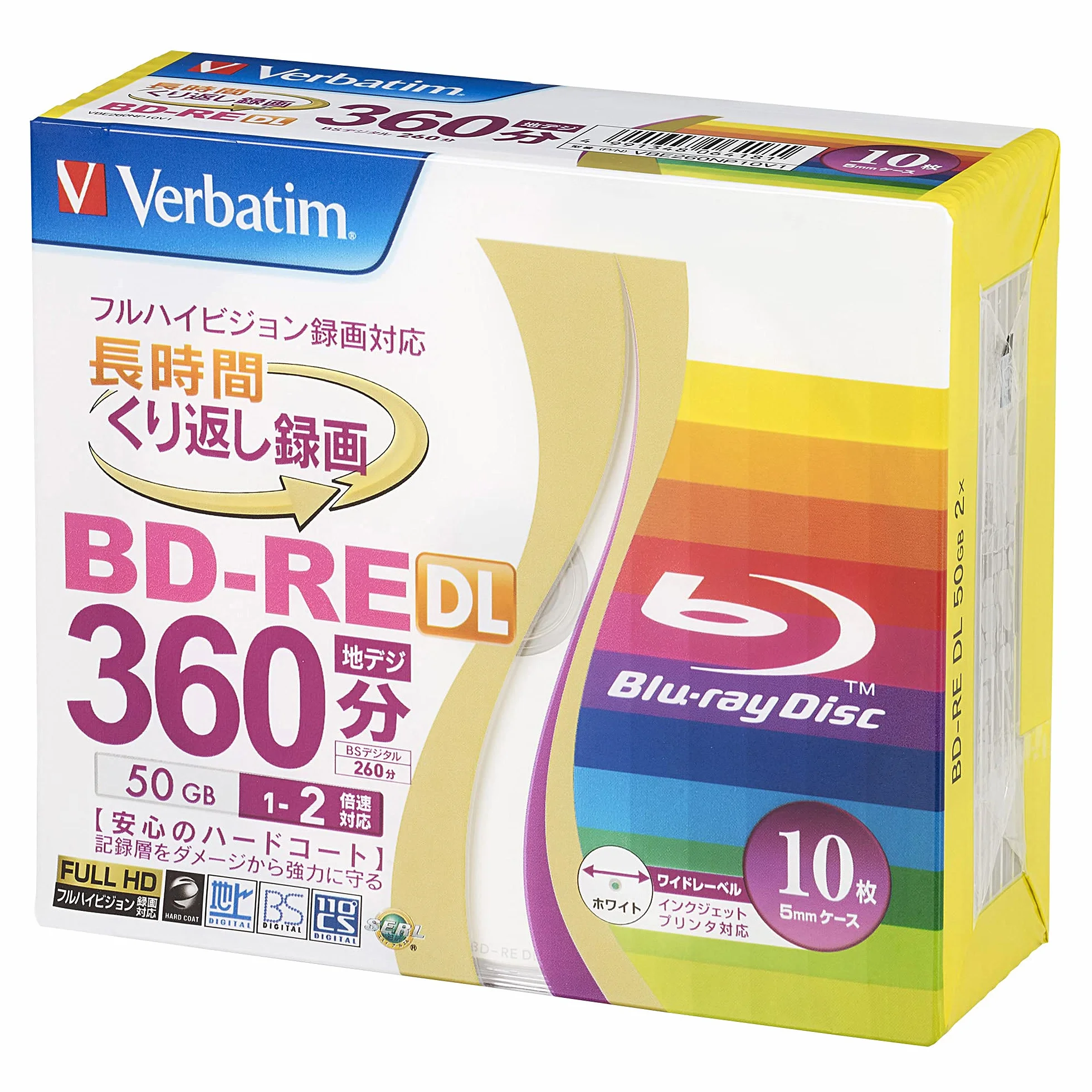Verbatim Blu-ray BD-RE DL RW Tintenstrahl-Discs, wiederbeschreibbar, 2 Geschwindigkeiten, Ver. 2.1, 10 Discs in einem dünnen Etui (versiegelte Verpackung), hergestellt in Japan, 10 Stück