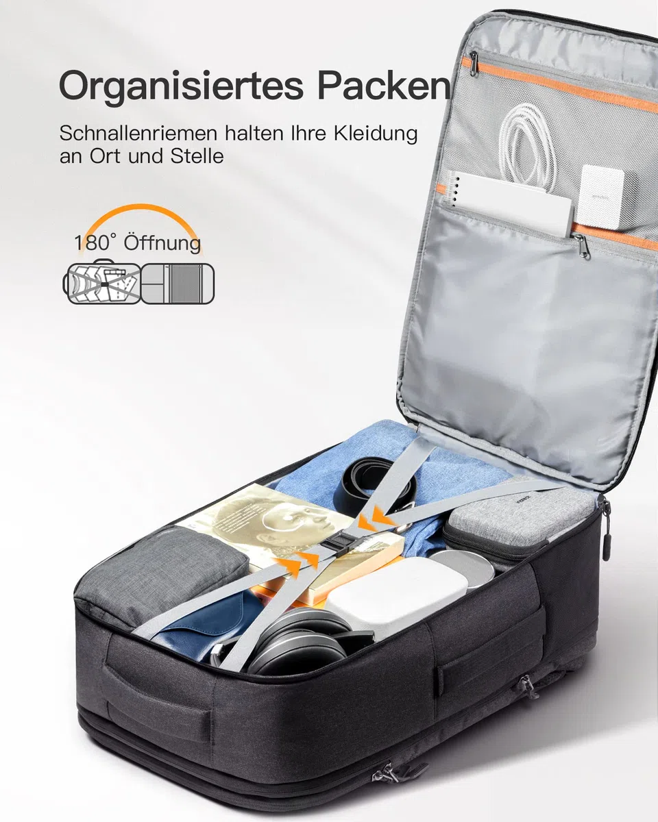 Inateck 38.5-46.2 L Reiserucksack erweiterbarer Herren Damen Handgepäck Flugzeug Rucksack, 15.6 Zoll Laptop Rucksack spritzwassergeschütztes Carry on Kabinenrucksack für Weekender