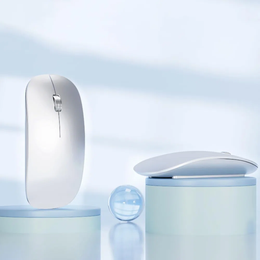 Uiosmuph Bluetooth Maus, Kabellose Maus mit USB-Nano-Empfänger, Tri-Mode (Dual Bluetooth 5.1 + 2.4GHz) Leise Funkmaus Wiederaufladbare für Laptop, PC, iPad, Mac Silber