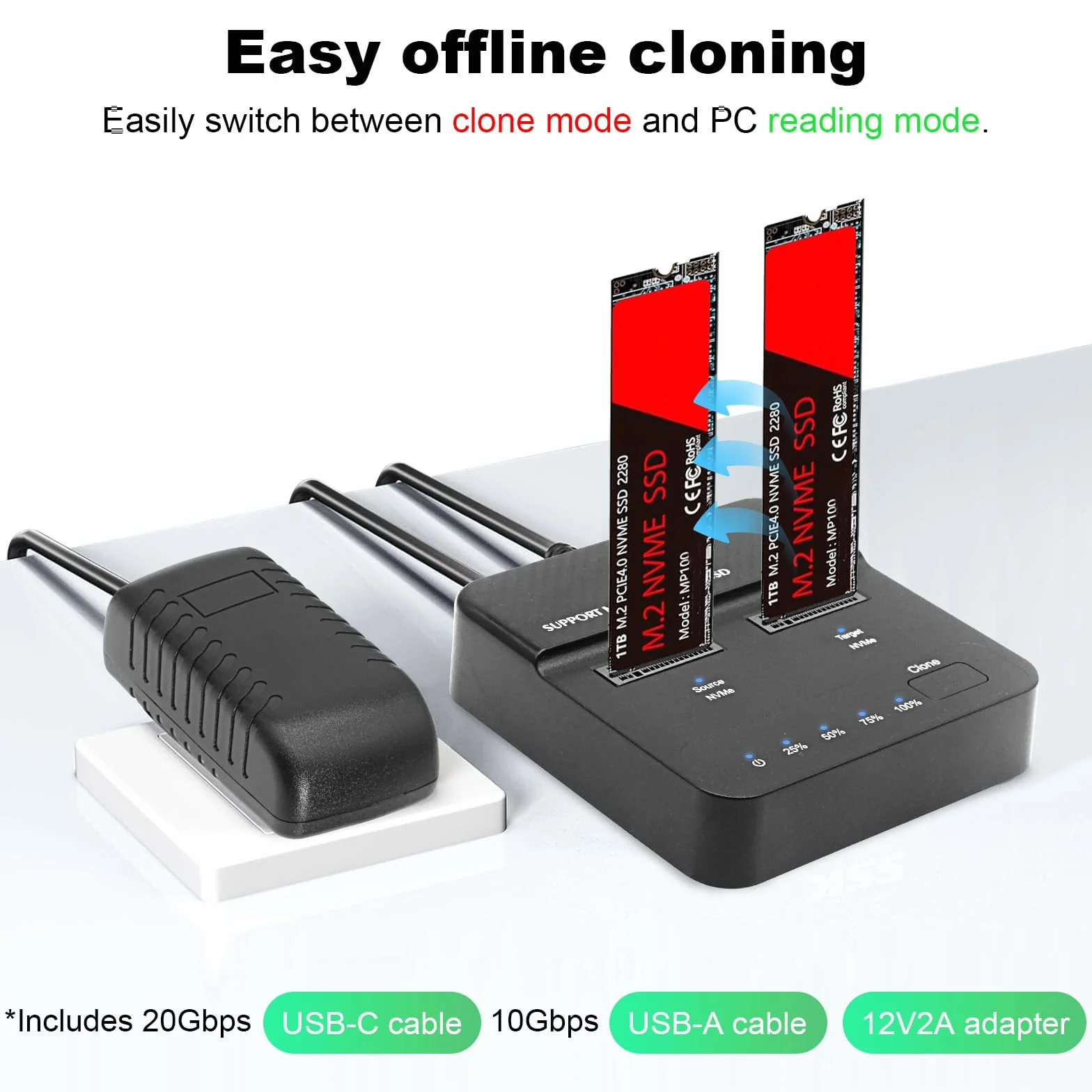 Festplatten Docking Station Dual Bay NVMe M.2 SSD Gehäuse 20Gbps USB 3.2 Gen 2x2 mit Offline Klonen, Werkzeuglose M.2 NVMe SSD Adapter Dockingstation für M Key/B+M Key SSDs