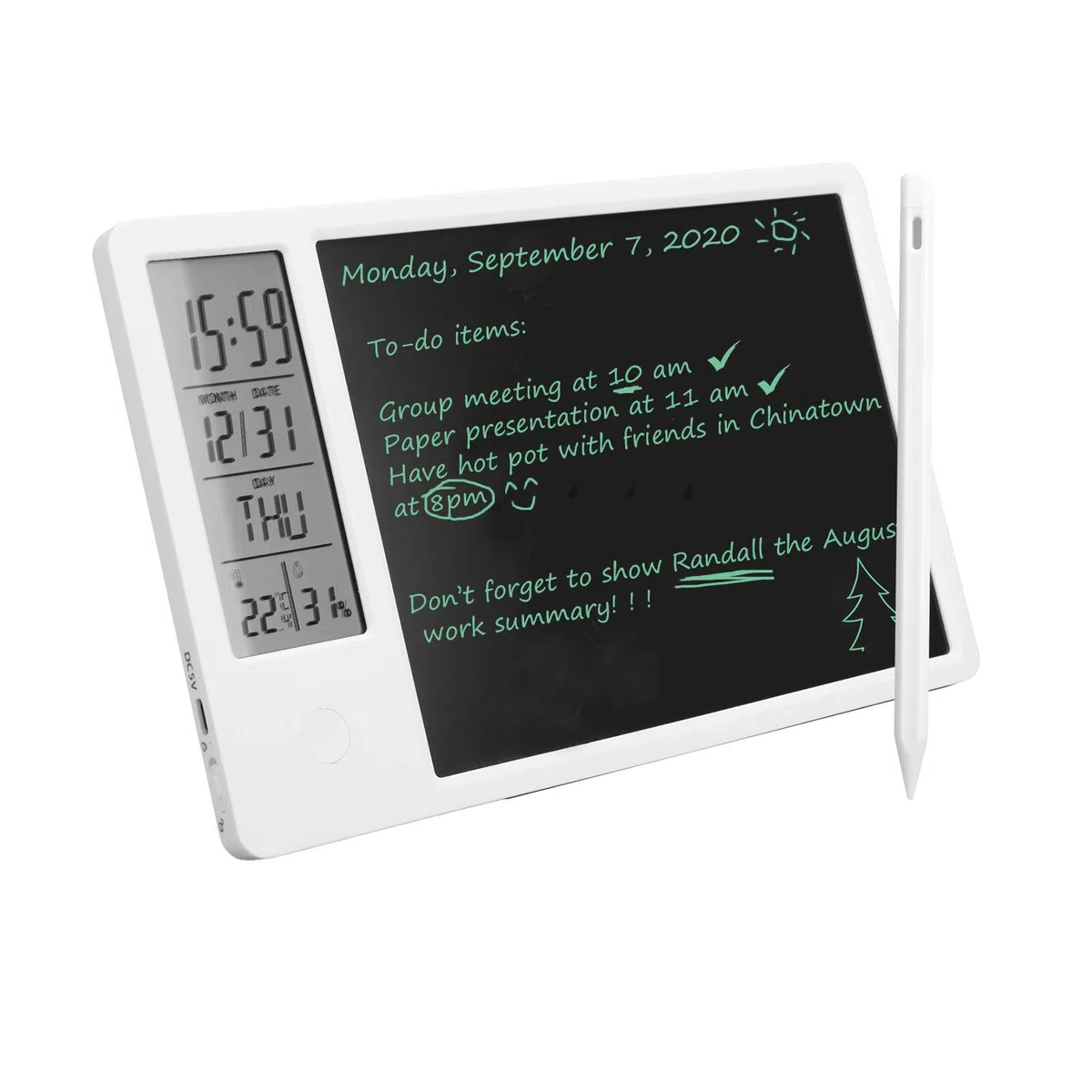 LCD-Schreibtablette mit Stift, elektronischer Desktop-Kalender, wiederaufladbarer Notizblock mit Digital- und Alarmfunktion