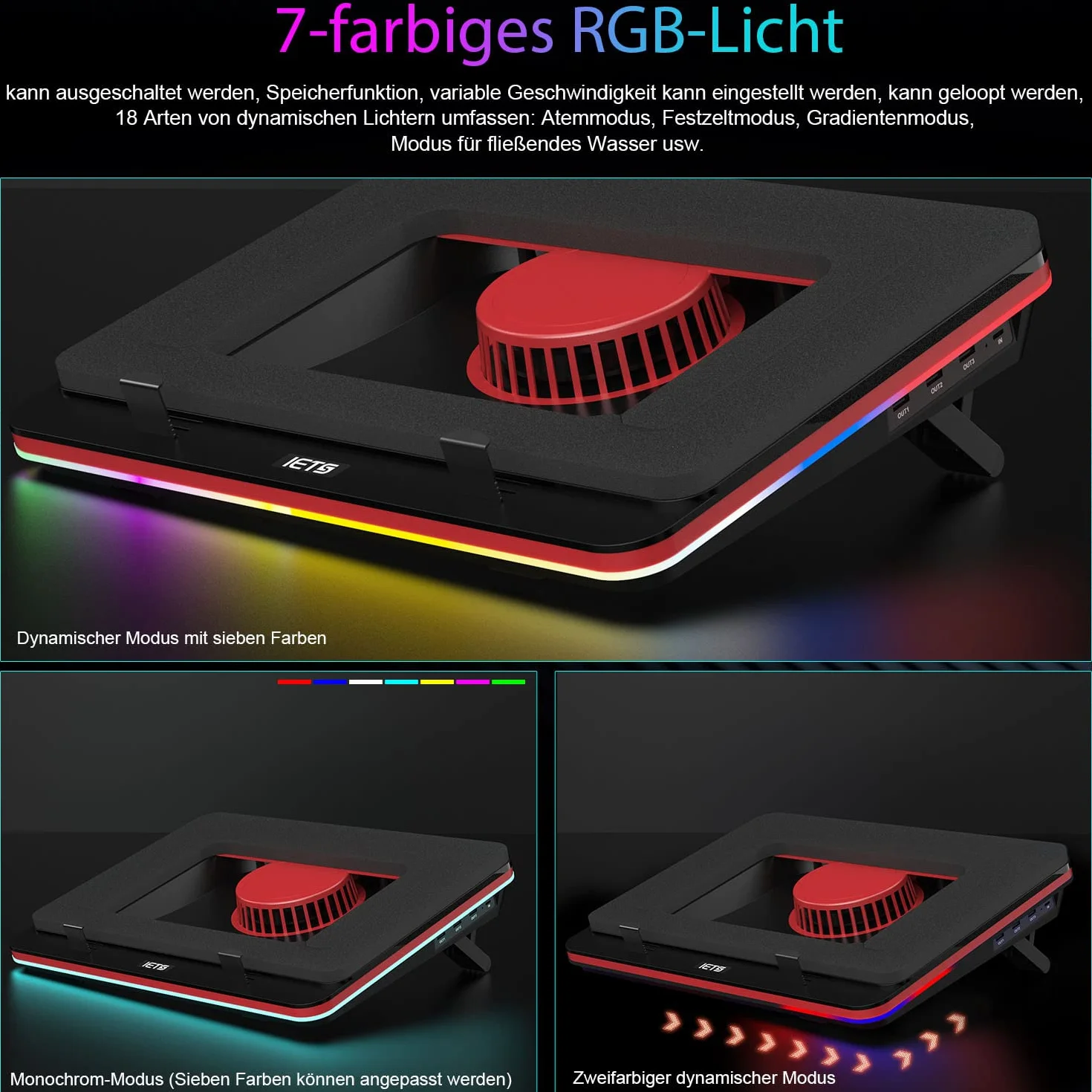 IETS GT500 Stark Turbo-Fan (5000 U/min) RGB-Laptop-Kühlpad mit stufenloser Geschwindigkeit, Dichtungsschaum für schnell abkühlende Gaming-Laptop, 13-17,3 Zoll Kühler mit 3-Port-USB-Hub