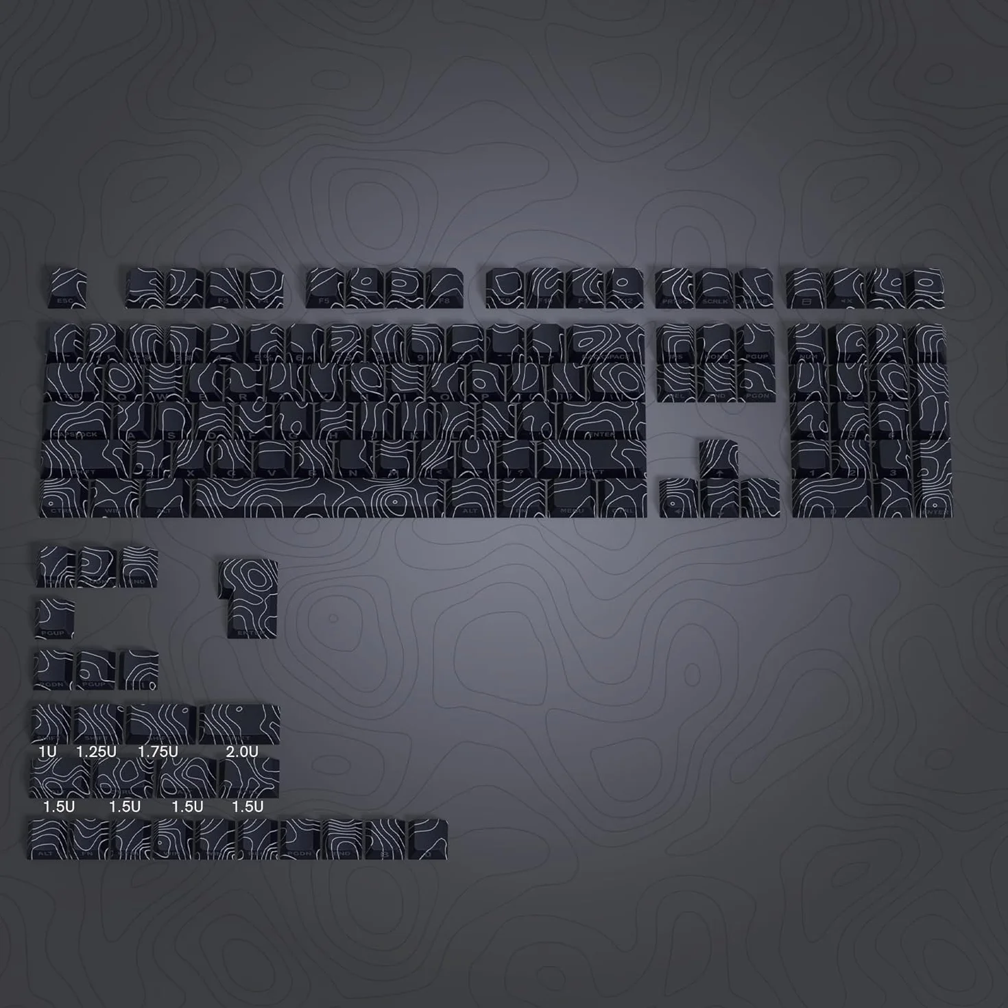 PBT Keycaps, Schwarze topografische 60 75 Prozent Lines Backlit, Shine Through Tastenkappen, Seitlich Bedruckte Cherry Profile für100%, 75%, 65%, 60% ANSI US Tastatur(nur Tastenkappen)