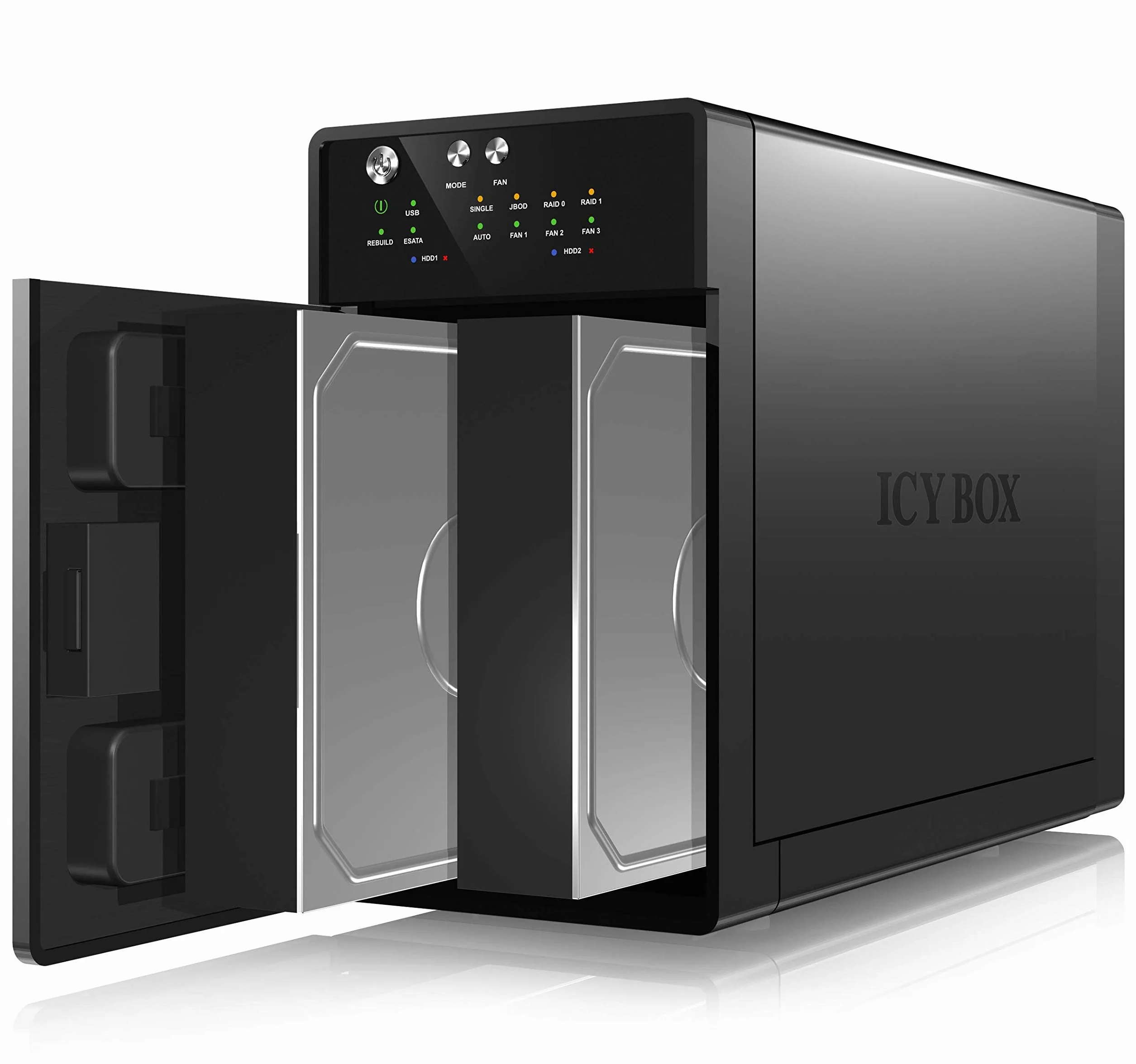 ICY BOX IB-RD3620SU3 Externes 2-fach Gehäuse (Raid 0/1, Single, JBOD) für 2x 3, 5 Zoll SATA i, II, III Festplatten, USB 3.0 (UASP) und eSATA Anschluss, Smart-Lüfter