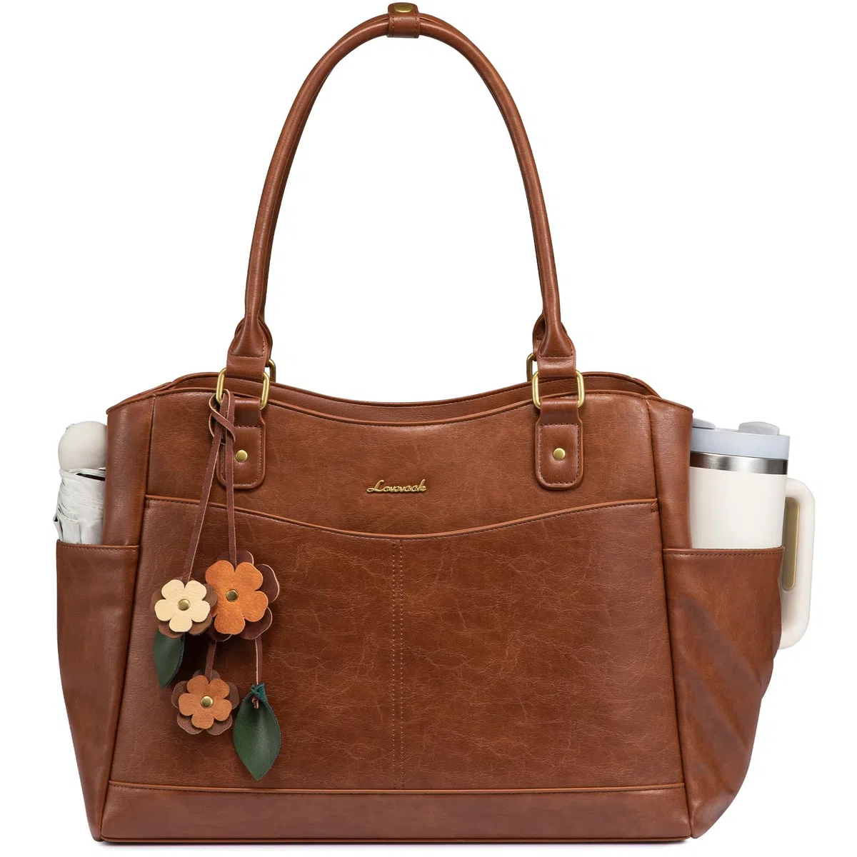 LOVEVOOK Laptoptasche Damen 15,6 Zoll, Arbeitstasche Shopper Tasche Handtasche Groß, Elegant Lehrertasche Tote Bag PU Leder Schultasche Laptop Taschen mit Blumen Anhänger für Business Uni Schule