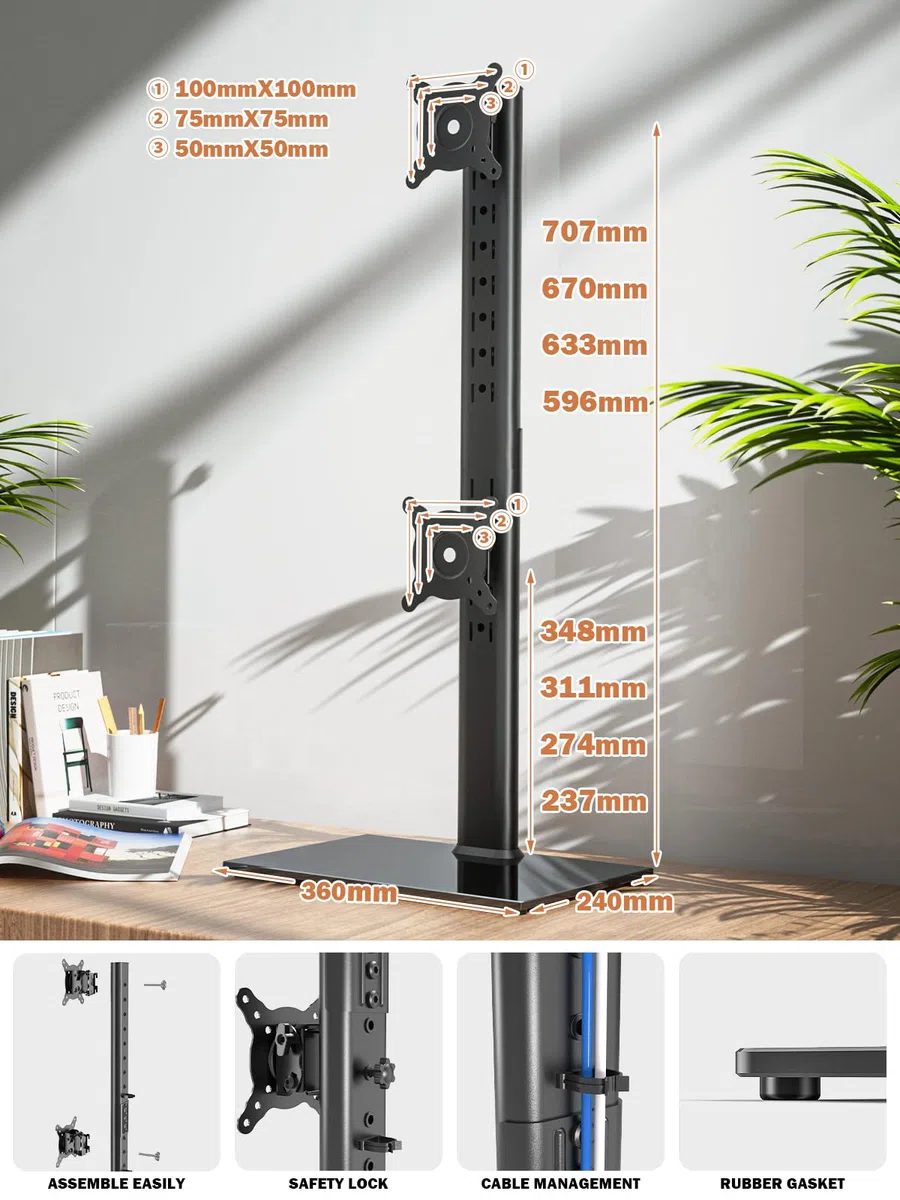 Dual Monitor Ständer - Vertikaler Stapelbildschirm Freistehender Monitor Haltung Für Zwei 13 bis 34 Zoll große Bildschirme mit drehbarem, neigbarem und höhenverstellbarem Bildschirm Schwarz