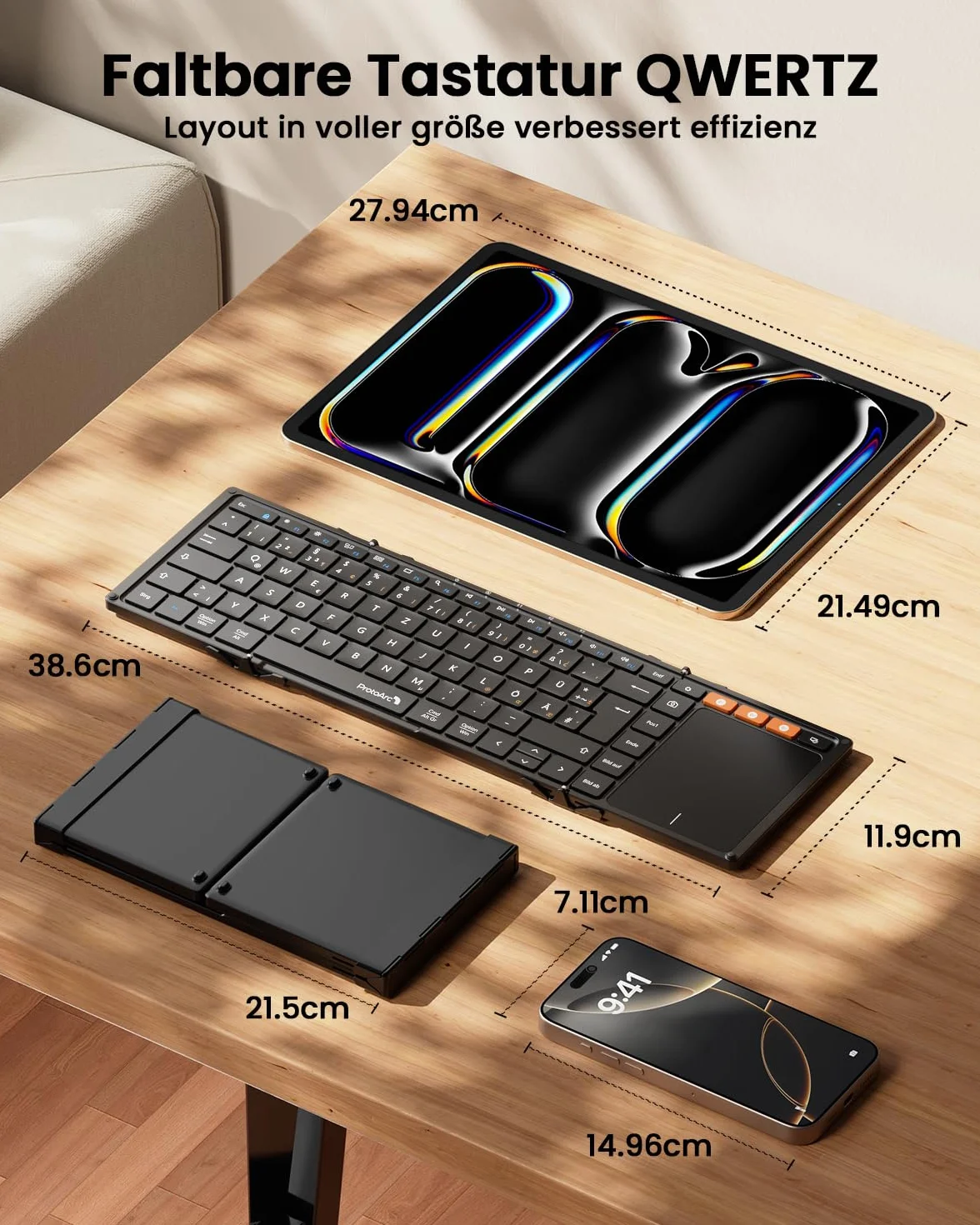 ProtoArc XK01 TP Bluetooth Tastatur Faltbare mit Touchpad, Tastatur Kabellos Klappbare QWERTZ Deutsch mit Groß Trackpad für iPad, iOS, Android, Windows Laptop PC Tablet - Schwarz
