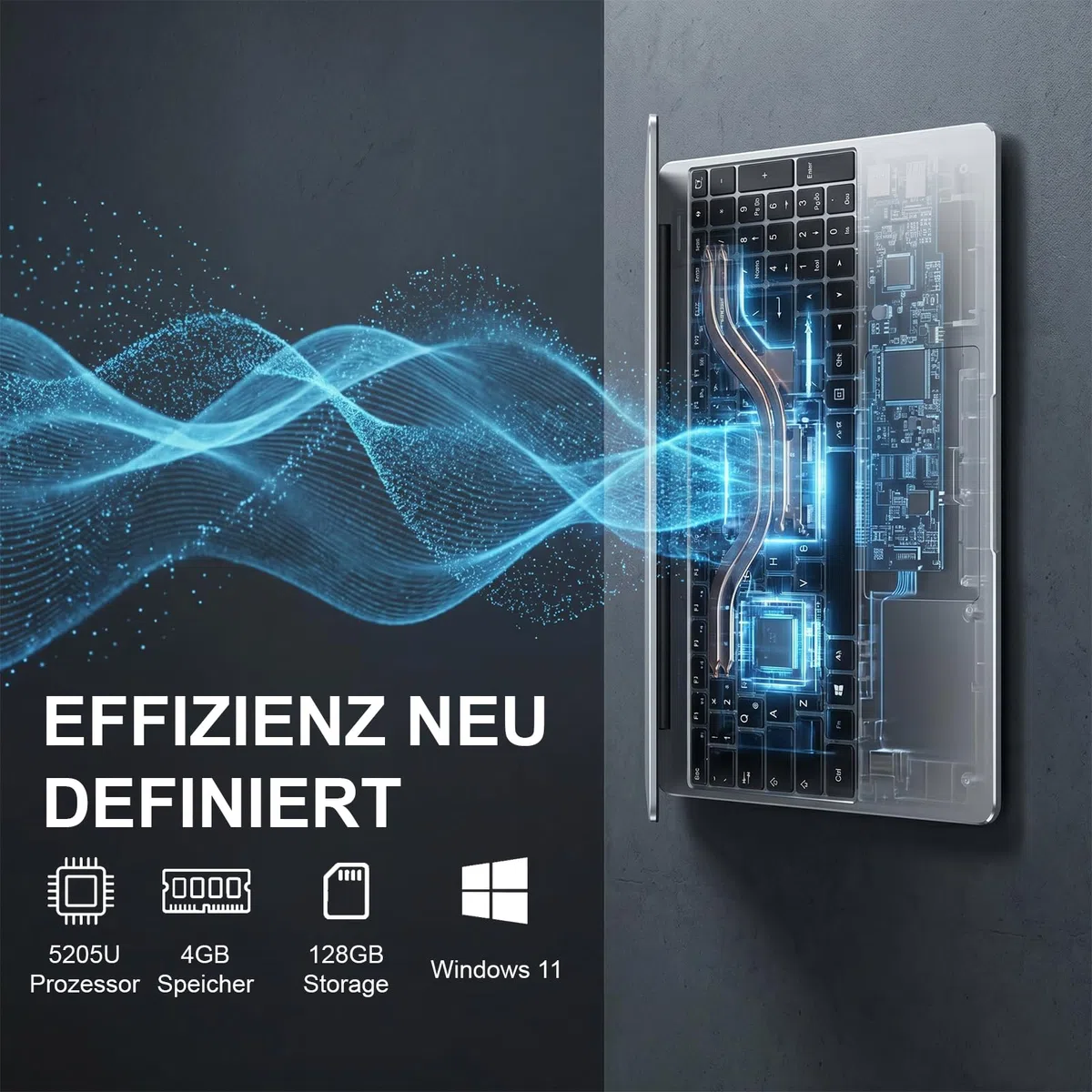 Laptop 15.6 Zoll Windows 11 Notebook mit Deutscher Tastatur 5205U Prozessor 4GB RAM 128GB ROM