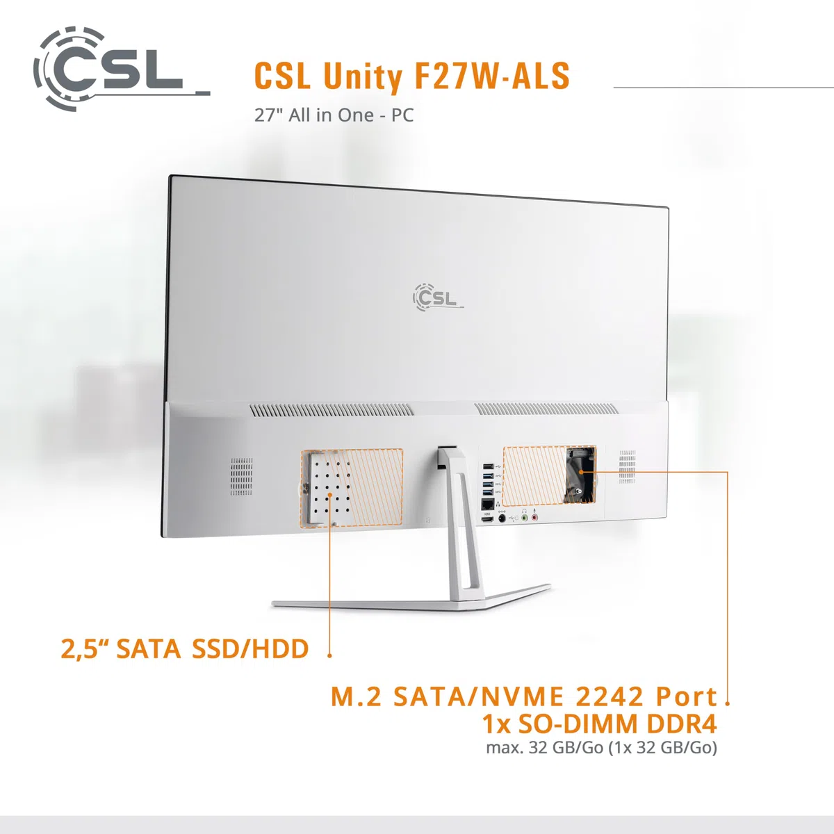 All-in-One-PC CSL Unity F27W-ALS, 68,58 cm (27 Zoll, 1920x1080 Full HD) - Leistungsstarker AIO (Intel N200 CPU 4x3700 MHz, 1000 GB SSD, 16 GB DDR4-RAM, Windows 11 Home), weiß