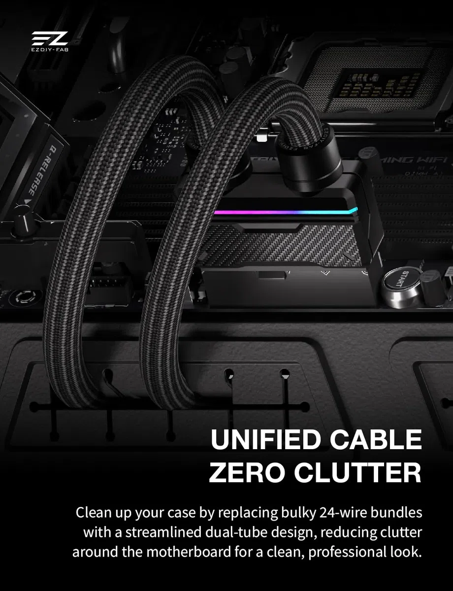 EZDIY-FAB UNIFAS ARGB 24-poliges PC-Netzteil-Verlängerungskabel, 16AWG ATX 24-polige Stromverlängerung, Einheitliches Doppelrohr-Design für Sauberes PC-Kabelmanagement, Schwarz