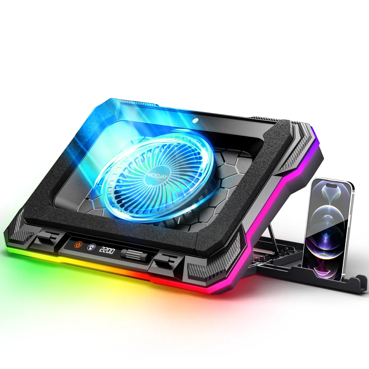 Laptop Kühlkissen Leistungsstarker Turbolüfter RGB Gaming Notebook Kühler MOOJAY Laptop Lüfter Kühlständer mit 8 Höhenverstellbar und Handyständer, für 14-19 Zoll Laptop - Eisblau LED Licht