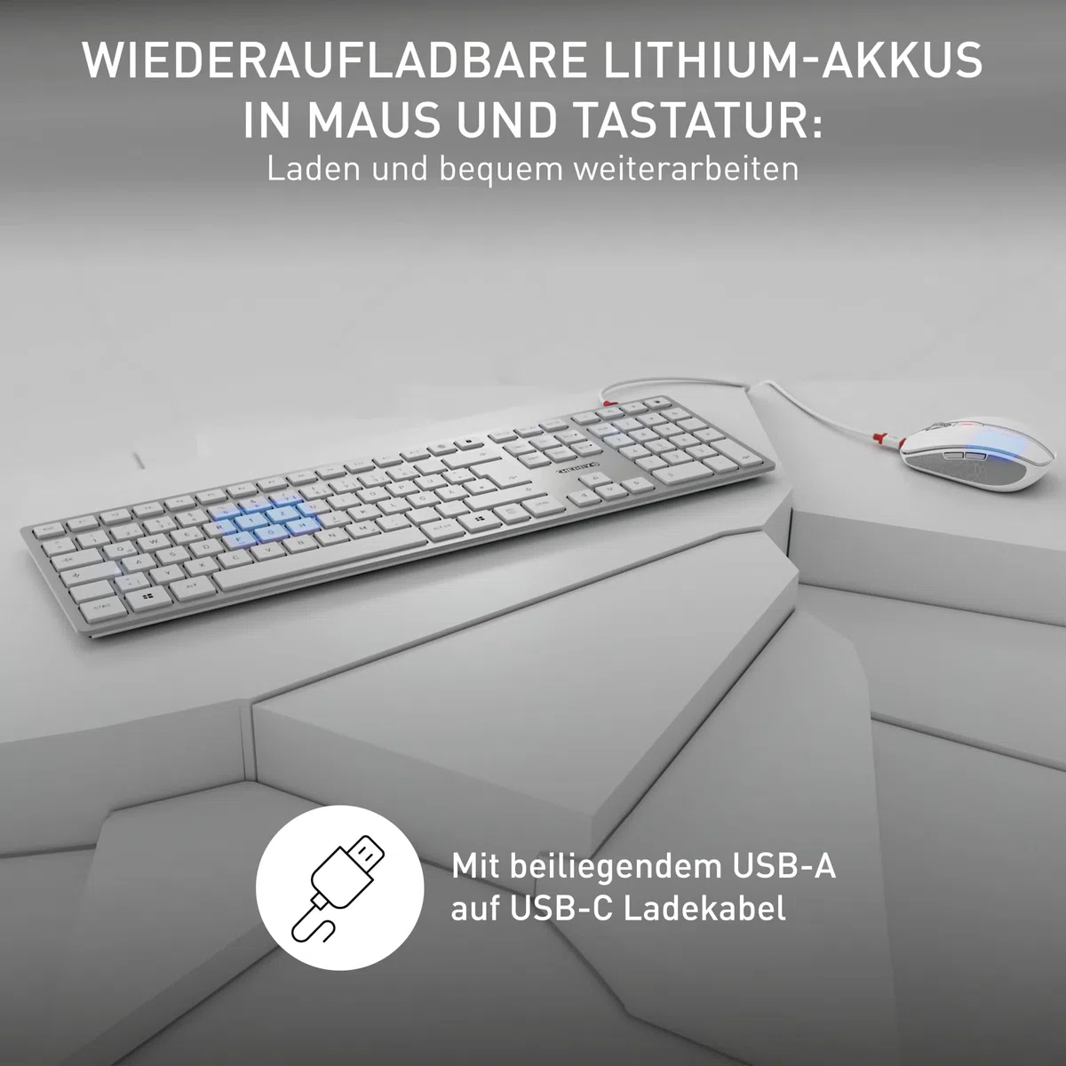 CHERRY DW 9100 Slim, Kabelloses Tastatur- und Maus-Set, Deutsches Layout (QWERTZ), Bluetooth & 2,4 GHz Funk, Leise Tasten, Wiederaufladbar, Weiß-Silber