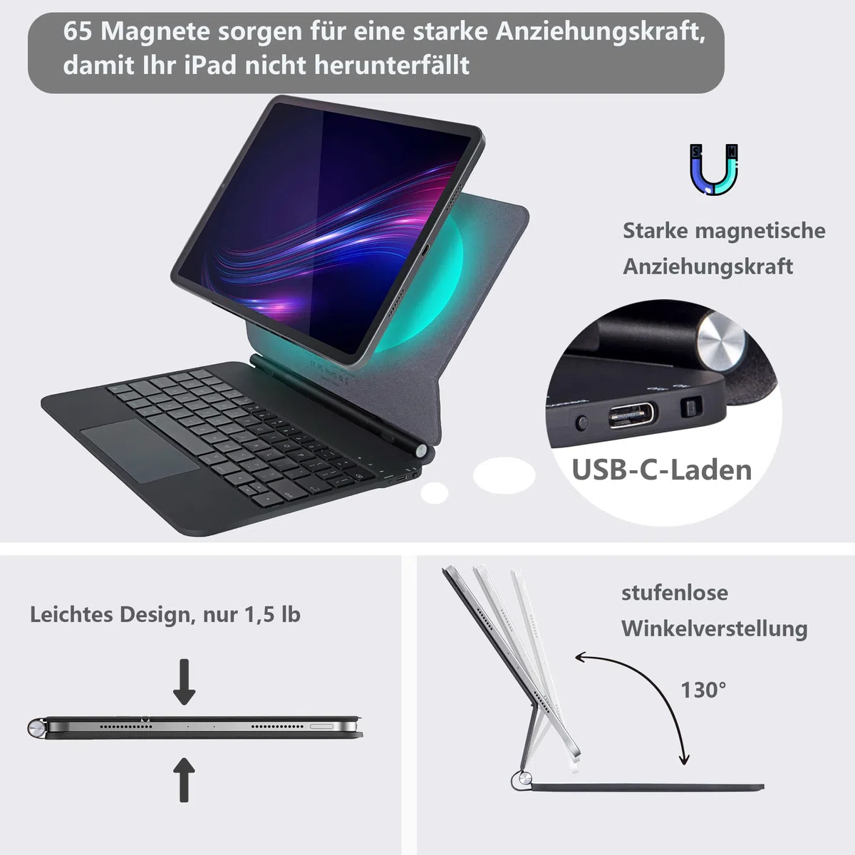 Magic Keyboard für Air 11 Zoll (M2 2024/M3 2025/M4 2026)&iPad Pro 11“ (1/2/3/4th) und 10.9“ Air 5/4th Gen Hülle mit Tastatur, Bluetooth, USB-C Ladefunktion, integriertes Trackpad, QWERTZ-Deutschlayout