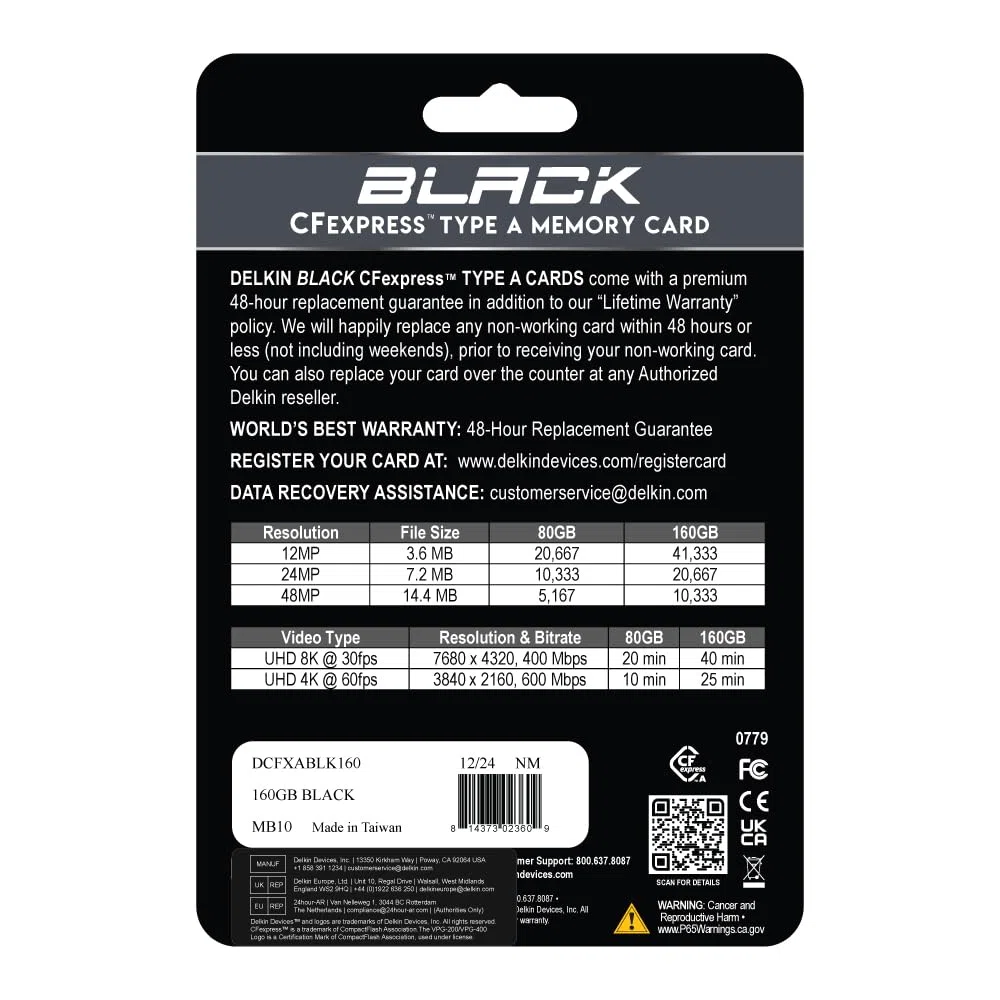 Delkin Devices CF Express Typ A Speicherkarte, 160 GB, bis zu 880 MB/s Lese- und 790 MB/s Schreibgeschwindigkeit, VPG 400 zertifiziert, Schwarz