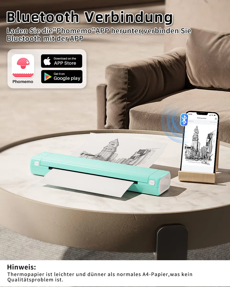 Phomemo M08F A4 Tragbarer Thermodrucker, Mobiler Monochrom Drucker unterstützt 210x297mm A4 Thermopapier, Bluetooth Drucker für Auto, Büro, Zuhause, für Phone & PC mit 1 Aufbewahrungskoffer