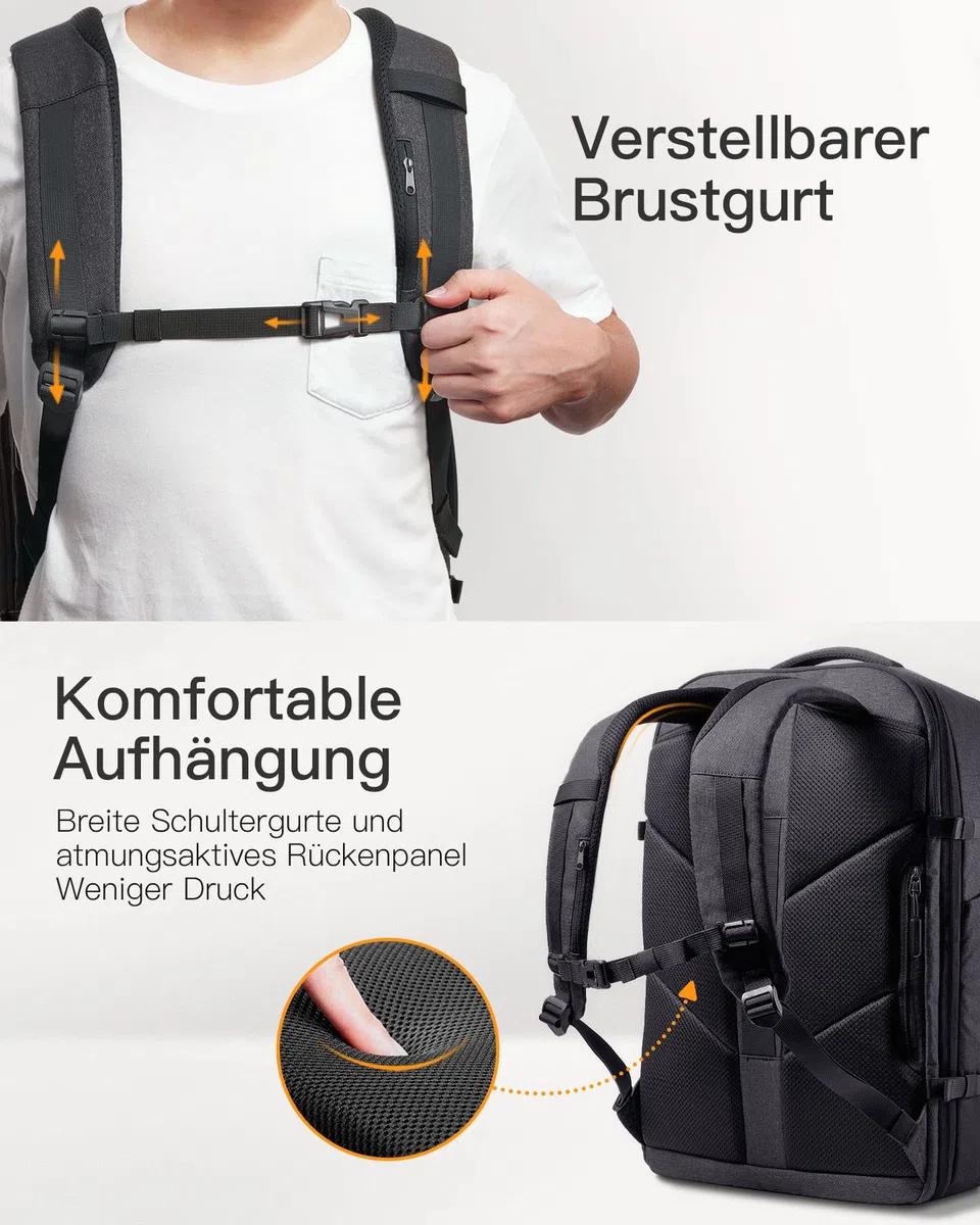 Inateck 38.5-46.2 L Reiserucksack erweiterbarer Herren Damen Handgepäck Flugzeug Rucksack, 15.6 Zoll Laptop Rucksack spritzwassergeschütztes Carry on Kabinenrucksack für Weekender
