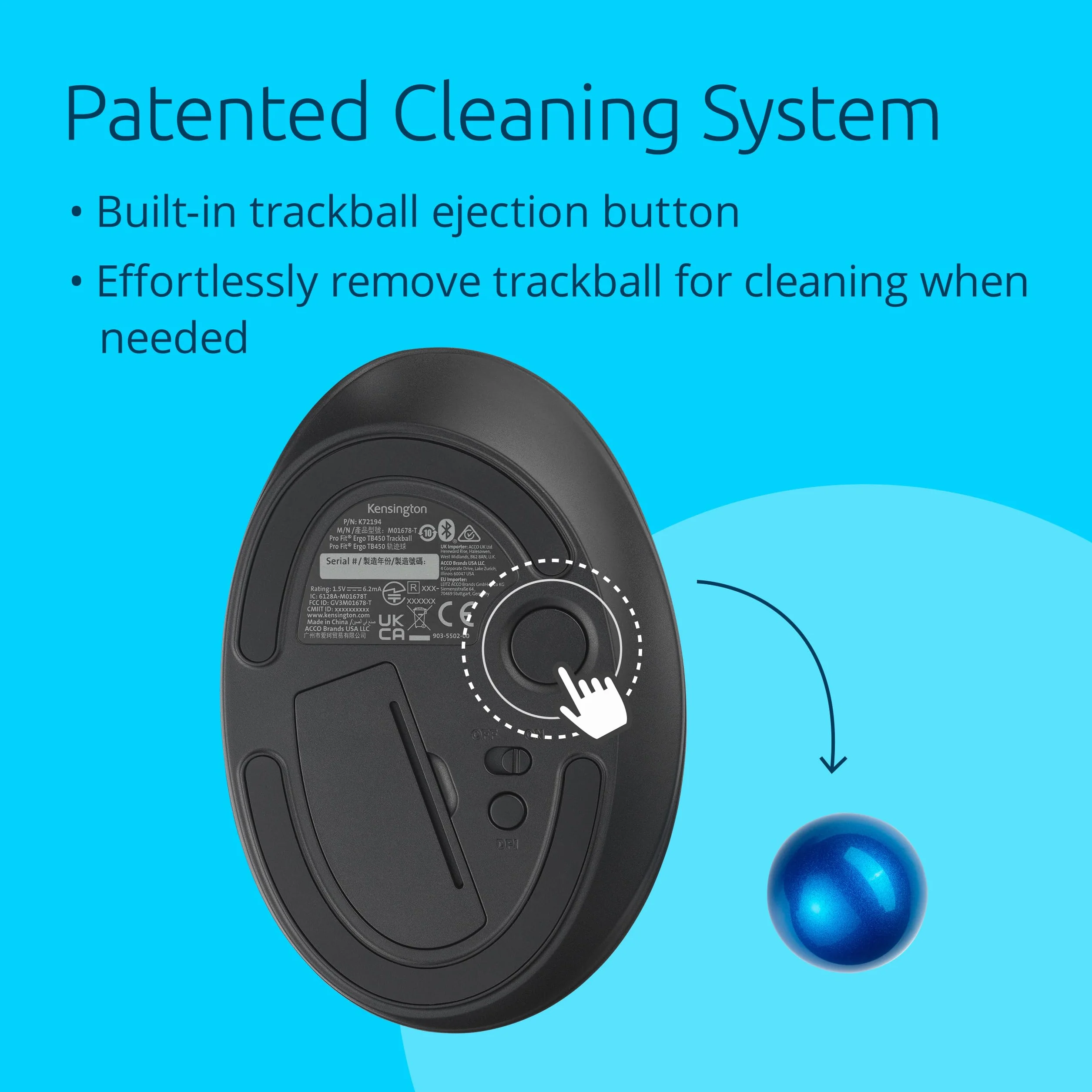 Kensington Pro Fit Ergo TB450 Trackball-Maus, kabellose Bluetooth Maus, bis zu 18 Monate Batterielebensdauer, ergonomischer 34-mm-Trackball, aus bis zu 50% recyceltem Kunststoff (K72194WW)