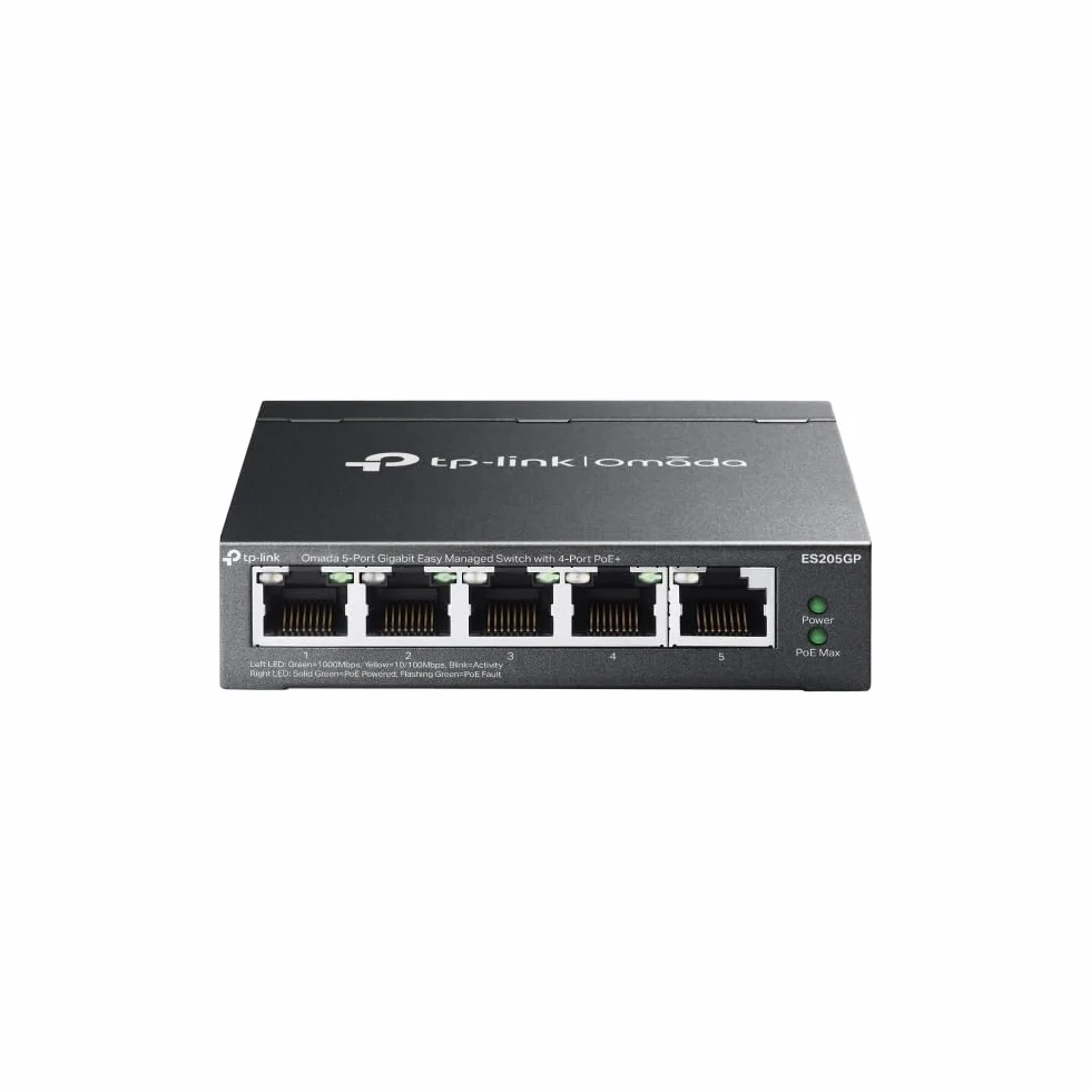 TP-Link Omada ES205GP 5-Port Gigabit Easy Managed Switch mit 4 PoE+, 65W Budget, Metallgehäuse, Plug & Play, Auto Recovery, Isolierung, VLAN, IGMP Snooping, Zentrales Cloud-Management