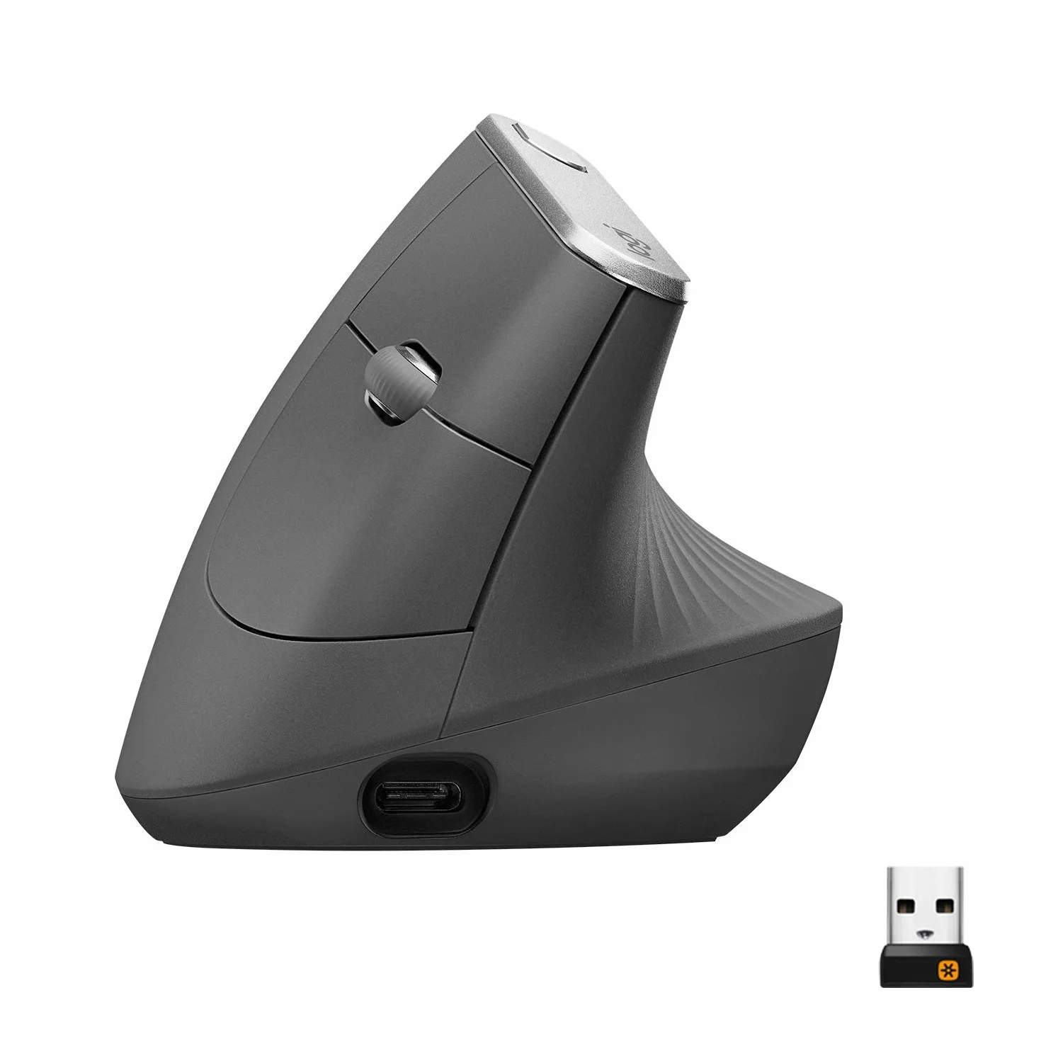 Logitech MX Vertical, Ergonomische Kabellose Maus, Bluetooth und 2.4 GHz Verbindung via Unifying USB-Empfänger, 4000 DPI Sensor, Wiederaufladbarer Akku, 4 Tasten, Multi-Device, PC/Mac/iPadOS - Graphit
