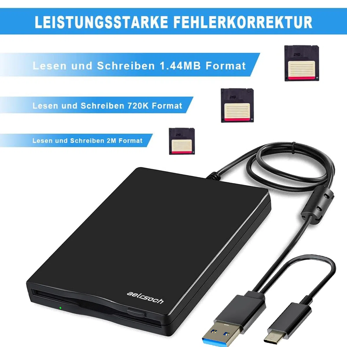 Diskettenlaufwerk, externes Diskettenlaufwerk, USB-Diskettenlaufwerk, Diskettenlaufwerk USB, 3.5 externes Diskettenlaufwerk, 1.44 MB/2 HD-Diskettenlaufwerk, Für Win 7/8/10/11 etc