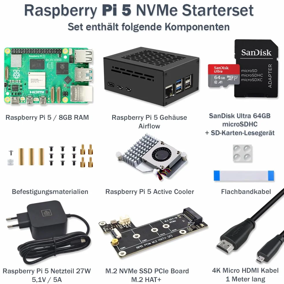 Raspberry Pi 5 8GB PCIe M.2 NVMe - Kit | Metallgehäuse | Active Cooler | M.2 NVMe SSD PCIe Board | USB-C 27W Netzteil | 4K Micro HDMI Kabel | Ideal für Home Assistant