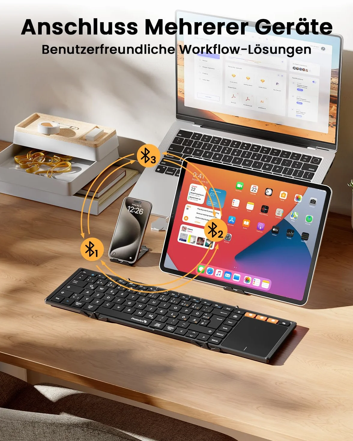 ProtoArc XK01 TP Bluetooth Tastatur Faltbare mit Touchpad, Tastatur Kabellos Klappbare QWERTZ Deutsch mit Groß Trackpad für iPad, iOS, Android, Windows Laptop PC Tablet - Schwarz
