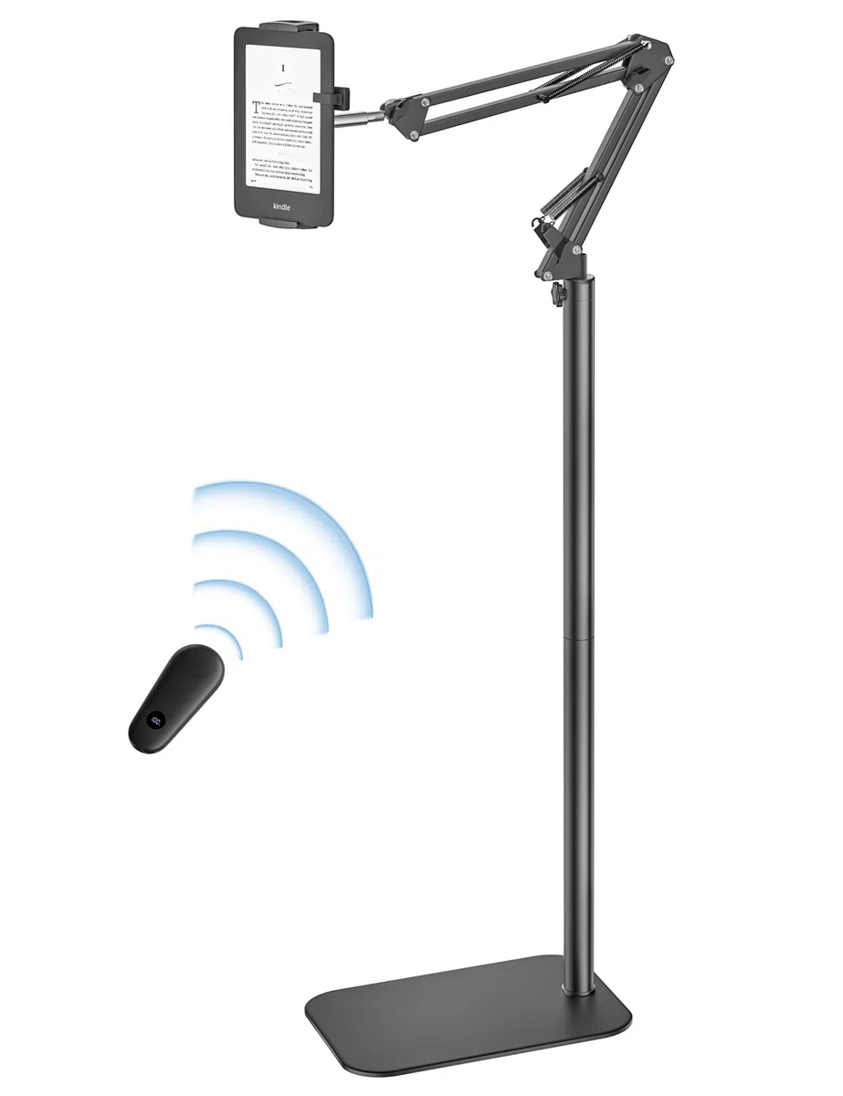 VOLTIFYMAX Tablet Bodenständer mit Kindle Fernbedienung, Verstellbarer Tablet Halterung für Kindle zubehör Paperwhite/Oasis/Kobo, iPad/Pro/Mini, Phone, Samsung Tab, 4.7-13 Zoll (schwarz)