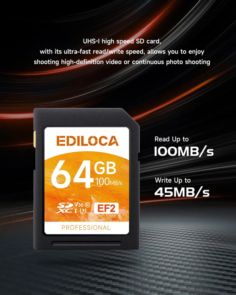 Ediloca EF2 UHS-I Speicherkarte 64GB 4er-Pack, Lesen 100MB/s, Schreiben 45MB/s, C10, U3, V30, Full-HD und 4K-Video, SD-Karte für professionelle Fotografen