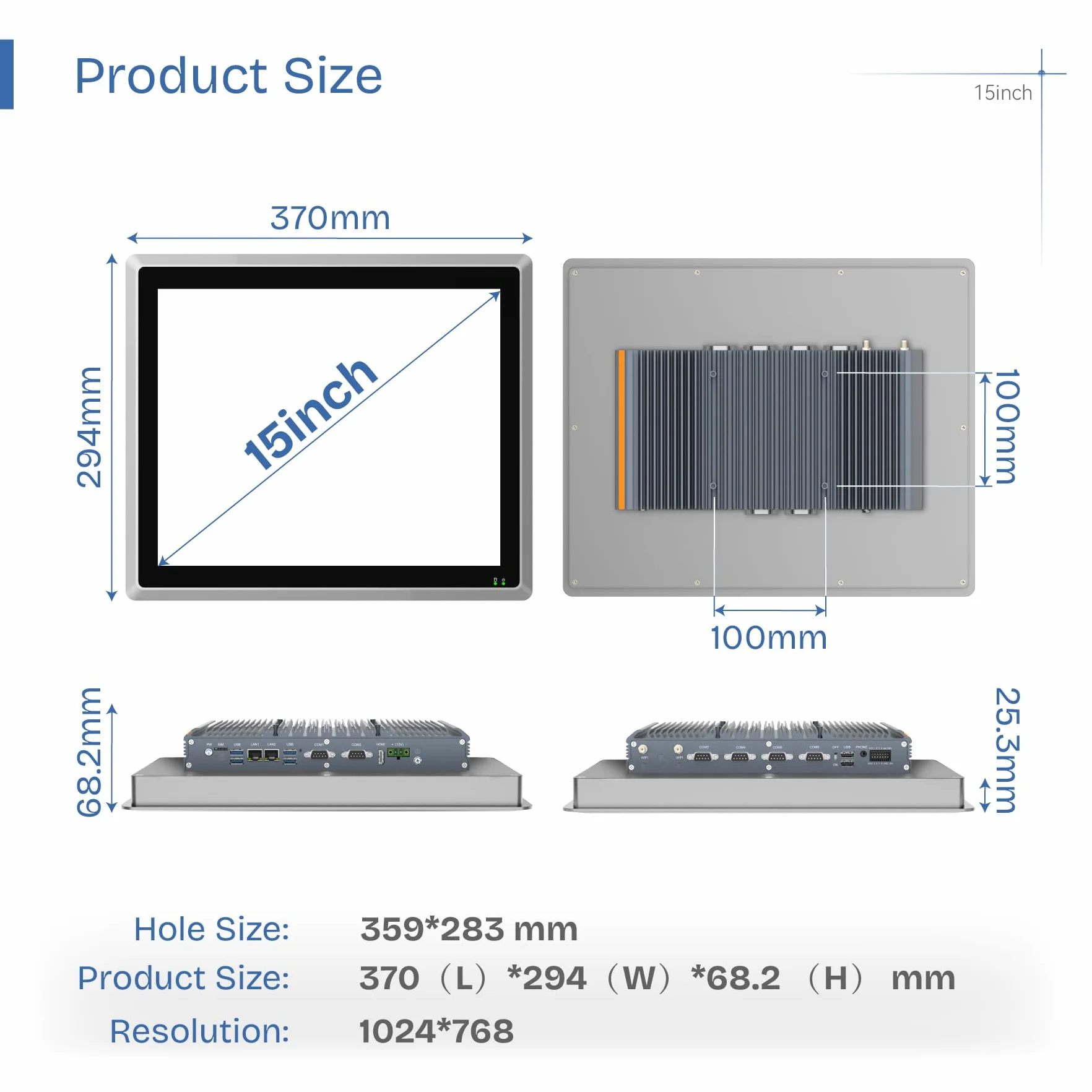 15-Zoll Industrieller Embedded Fanless Panel PC,IP65 Touch Screen All-in-One-Computer,Windows 10 Pro,Automatische Einschaltung,2xLAN,HDMI,6xUSB,2xRS485,4xRS232 (I5-7200U,8GB RAM,128GB SSD)