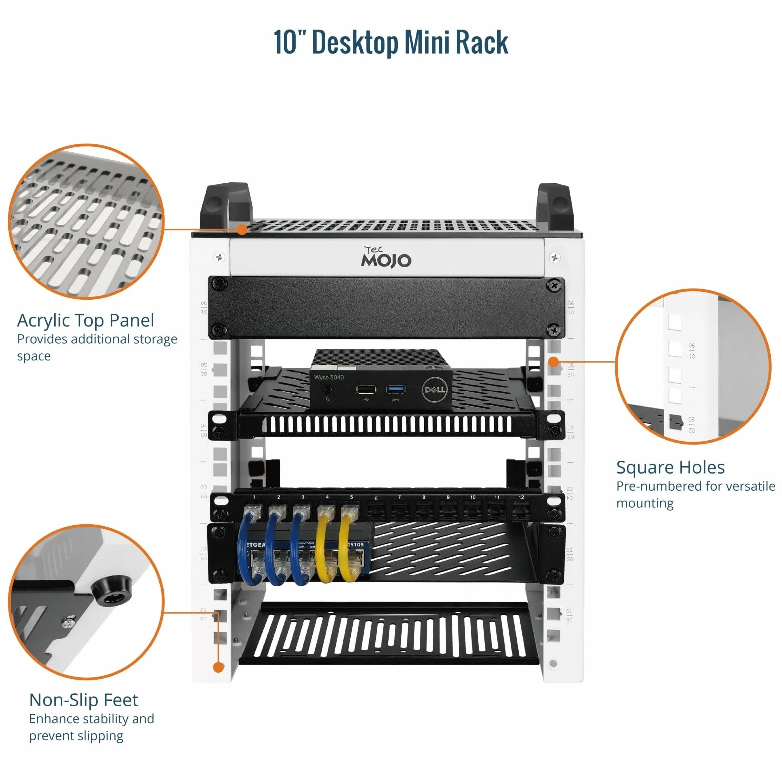 Tecmojo 10-Zoll Desktop-Mini-Rack, 6HE, 200 mm Tief, Netzwerk-Schrank mit SBC-Einschub, Micro-HDMI-zu-HDMI-Adapterplatine und Blindabdeckung, für 10-Zoll-AV-, NAS- und Servergeräte