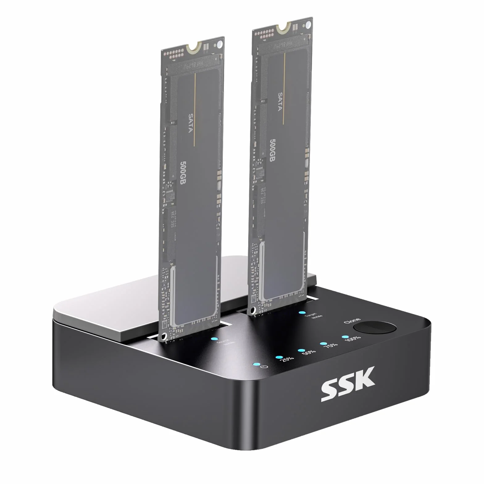 SSK M.2 NVMe SATA SSD Klonen Docking Station, Dual Bay Festplatten Dockingstation, USB 3.2 Gen 2 10Gbps M.2 SSD Gehäuse, USB Adapter für M-Key-/B+M-Key PCIe SSD Reader mit Offline-Klonfunktion