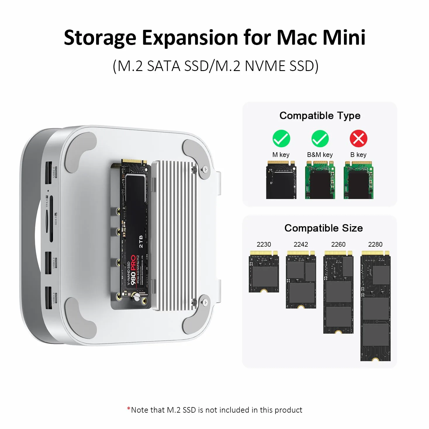 AKKYAJAURE Mac mini-Hub: 10-in-1 Aluminium-Ständer und Dock für Mac mini M4 Pro mit M.2 NVMe SSD-Gehäuse, 4K60hz HDMI, 10 Gbit/s USB-A x 2, SD/TF-Kartenleser, USB 2.0