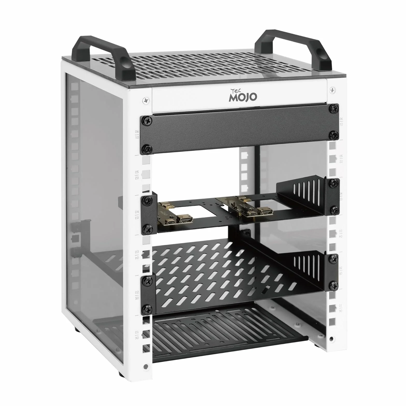 Tecmojo 10-Zoll Desktop-Mini-Rack, 6HE, 200 mm Tief, Netzwerk-Schrank mit SBC-Einschub, Micro-HDMI-zu-HDMI-Adapterplatine und Blindabdeckung, für 10-Zoll-AV-, NAS- und Servergeräte