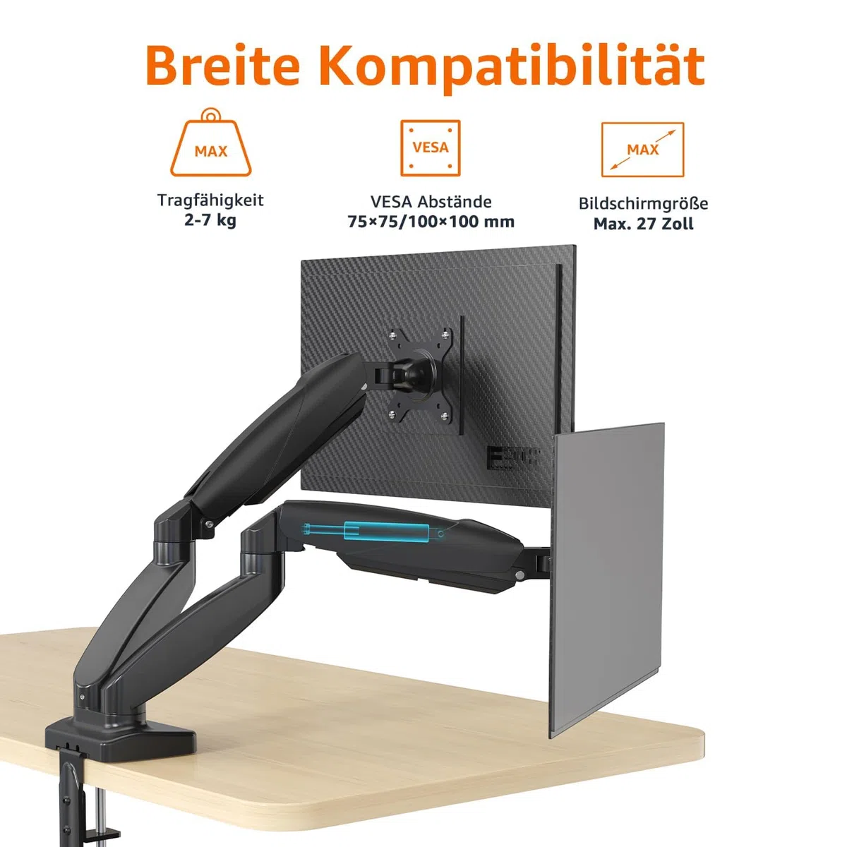 Amazon Basics Dual-Monitorarm mit Gasdruckfeder, Schreibtischmontage, Einstellbare Spannung, für 15–27 Zoll (38,1cm–68,6cm) Monitore, Trägt 2,0kg–7,0 kg pro Arm, VESA 75x75/100x100, Schwarz