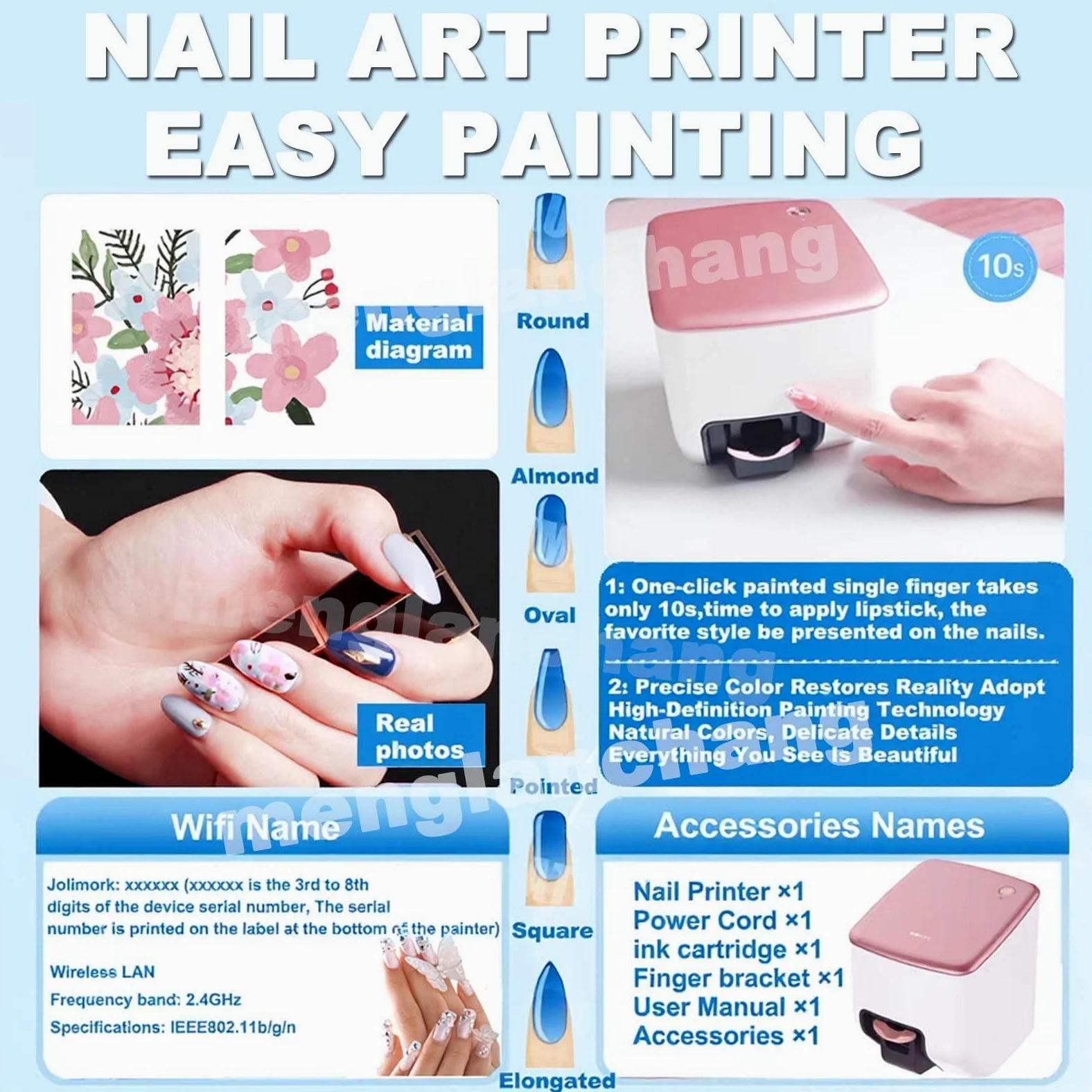 Leichter Nagelkunstdrucker, 3D-Smart-Nageldrucker, WiFi-Verbindungssteuerung, automatische Erkennung der Nagelform, schnelles Zeichnen in 10 Sekunden, hochauflösendes Malen mit 4800 DPI