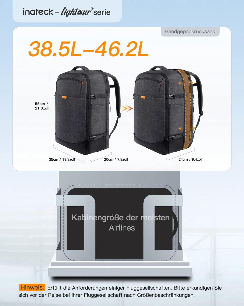 Inateck 38.5-46.2 L Reiserucksack erweiterbarer Herren Damen Handgepäck Flugzeug Rucksack, 15.6 Zoll Laptop Rucksack spritzwassergeschütztes Carry on Kabinenrucksack für Weekender