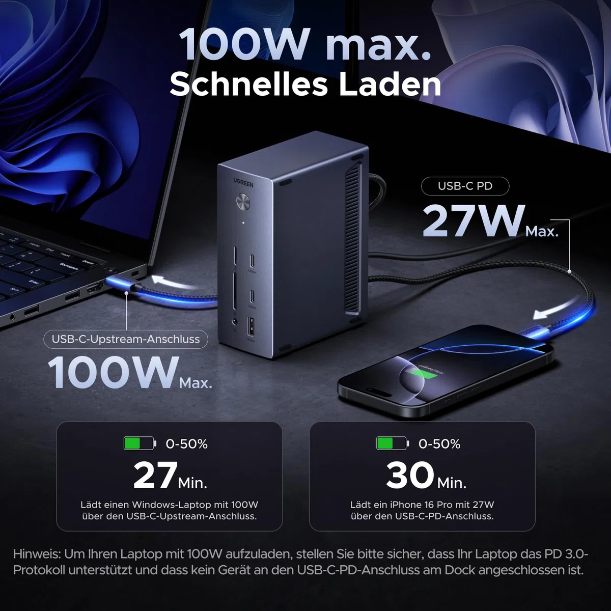 UGREEN Revodok Pro Triple Display Dock【Nur für Windows-Laptop】 2HDMI & DP mit 8K DP/4K HDMI, 100W Aufladen, 27W USB C, 10Gbps USB Ports, Gigabit LAN, SD/TF