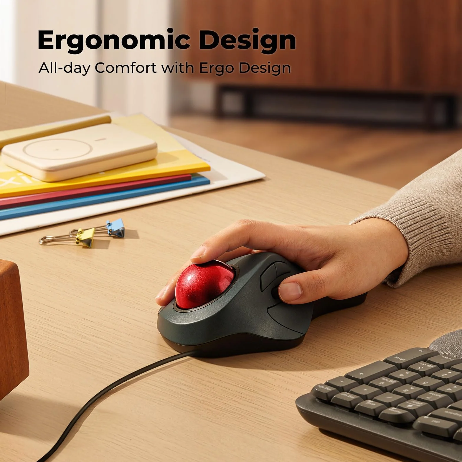 Kabelgebundene Trackball-Maus, einfache Zeigefingersteuerung, ergonomisches Komfort-Design reduziert Muskelbelastung, präzise und reibungslose Tracking, kompatibel für PC, Laptop, Windows, Mac