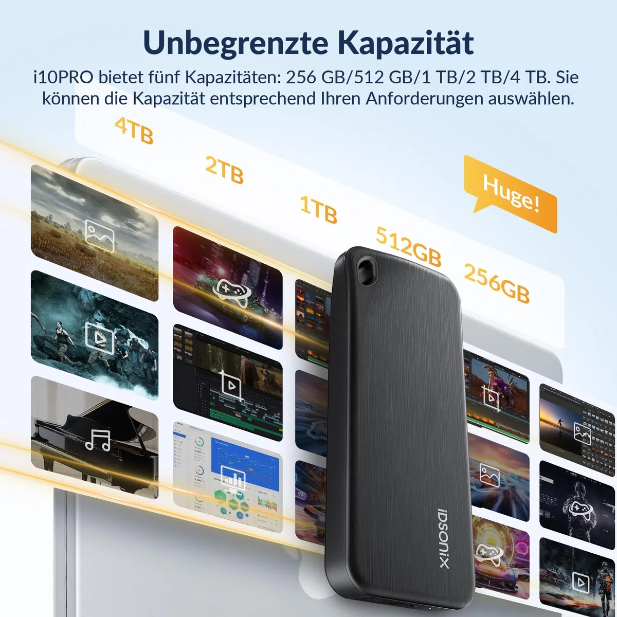 iDsonix Portable SSD 1TB Externe Festplatte, USB 3.2 GEN 2 bis zu 1000 MB/s Externes Solid State Drive mit 2-in-1 USB-C-Kabel Kompatibel mit Xbox, PS5, Mac, PC, Laptop, Kamera (i10PRO)
