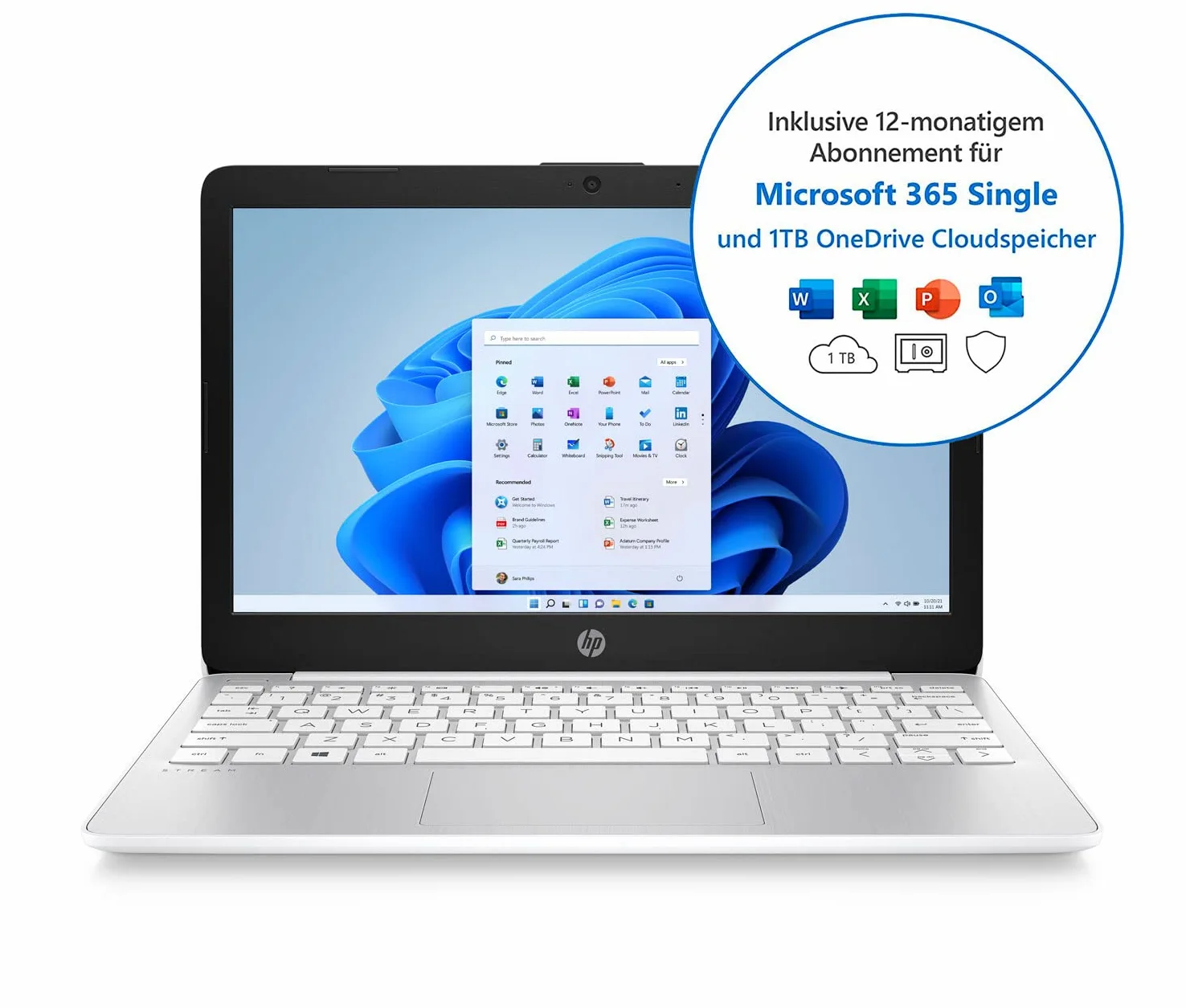 HP Stream Laptop | 11,6" HD Display | Intel Celeron N4120 | 4GB DDR4 RAM | 64GB eMMC | Intel Grafik | Windows 11 S-Mode | QWERTZ Tastatur | Weiß | inkl. Microsoft Office 365 Single