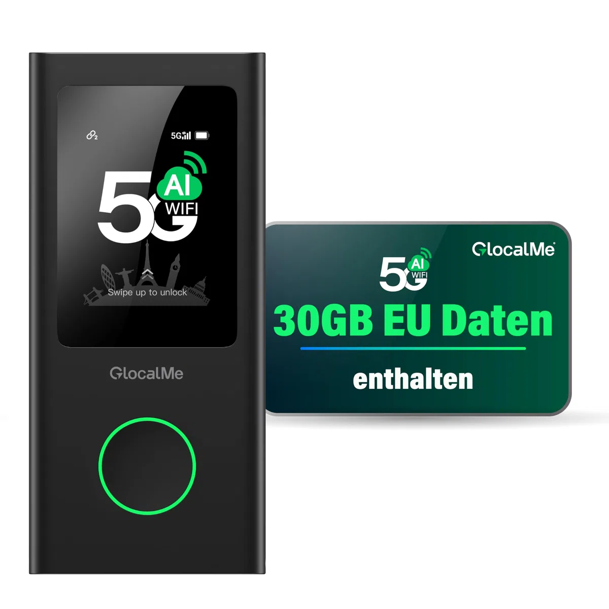 GlocalMe Numen Air Mobiler WLAN Router 5G, Keine SIM-Karte nötig, 5G LTE Hotspot mit 30GB europäischem Datenpaket, Unterstützt 16 Geräte gleichzeitig, 5400 mAh Akku, Reise- oder Heim-WLAN-Hotspot