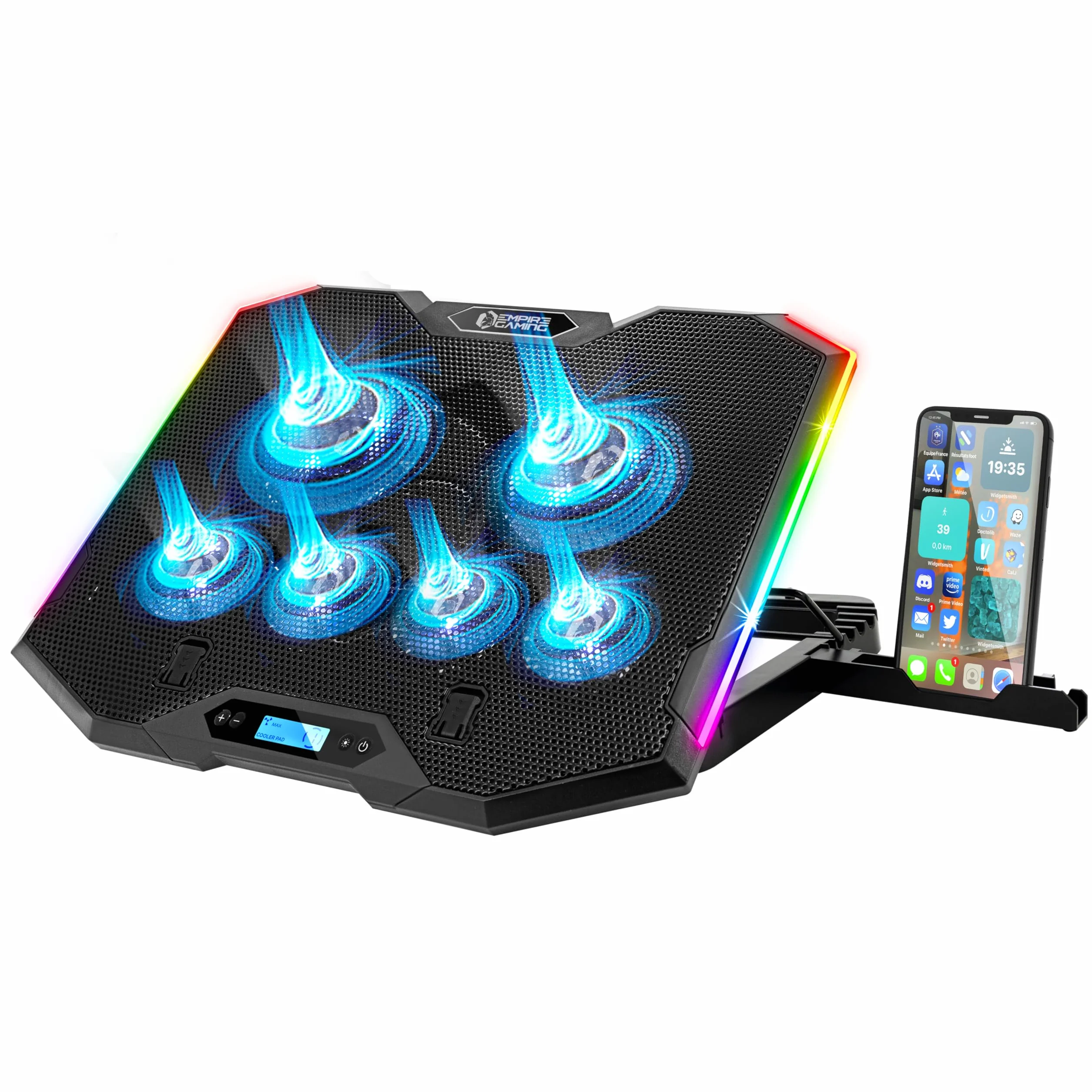 EMPIRE GAMING - Guardian S-C100 Laptop-Kühler RGB Gamer – 6 Ventilatoren - LCD-Controller - 5 Höheneinstellungen – Kompatibel für 12 bis 17 Zoll – Abnehmbarer Smartphone-Halter, Luft