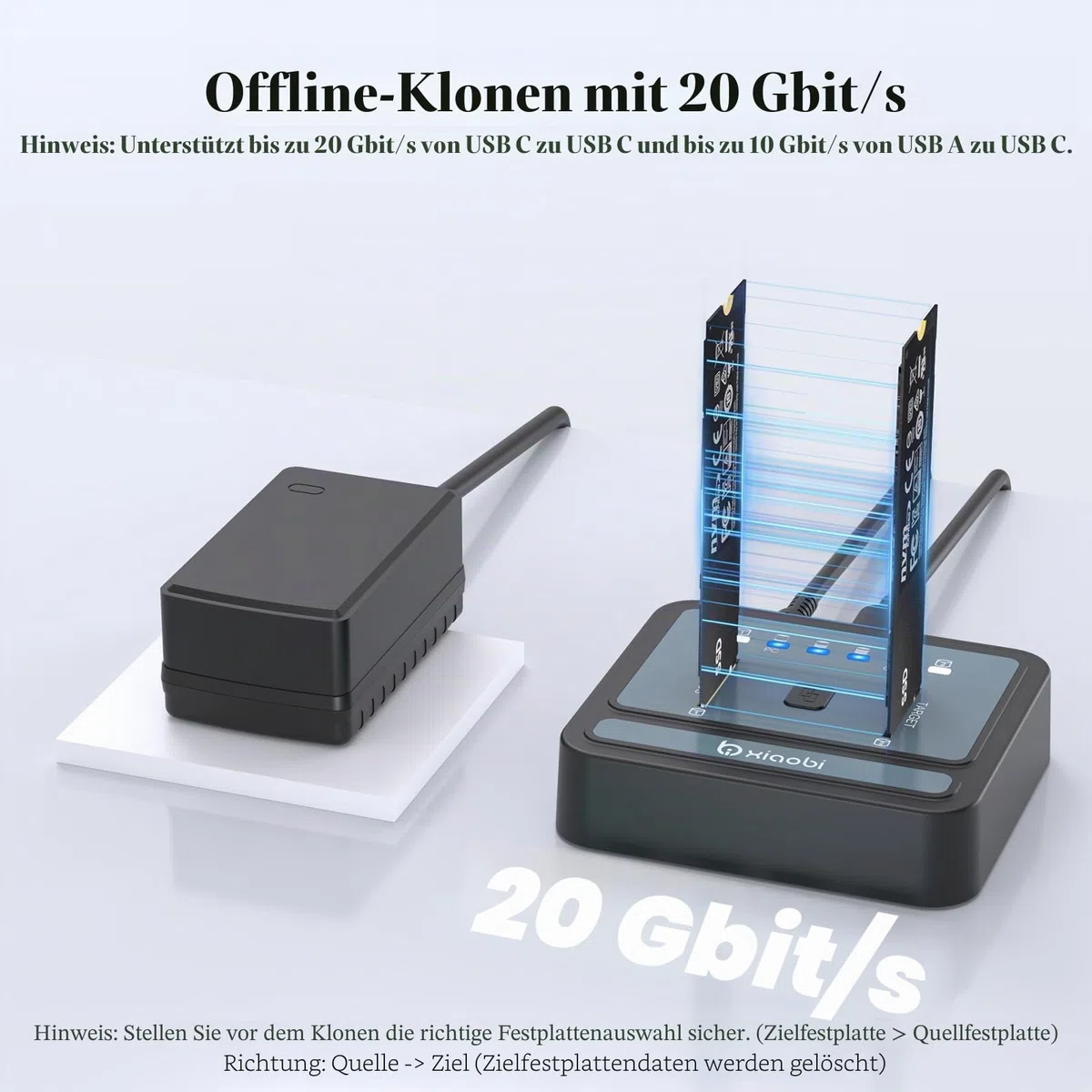 M.2 NVMe/SATA SSD Cloner, M.2 Duplikator 2-Bay Festplattengehäuse, werkzeuglos 20Gbps USB3.2 Gen 2X2 Festplattenleser für NVMe SATA SSD Unterstützt Offline Clone, UASP und Trim