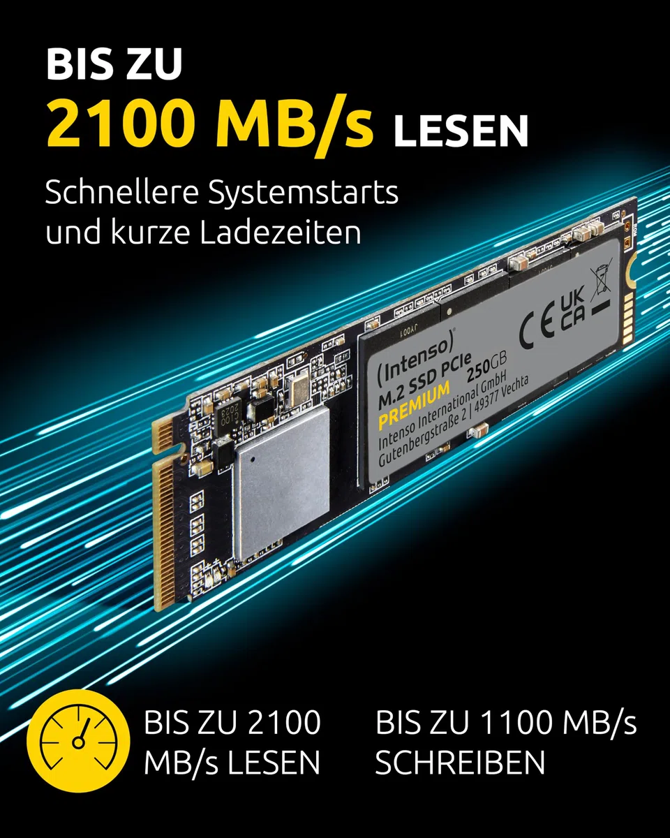 Intenso 250GB M.2 SSD PCIe Premium, bis zu 2100 MB/s, (PCI Express Gen.3x4 NVMe 1.3, Solid State Drive)