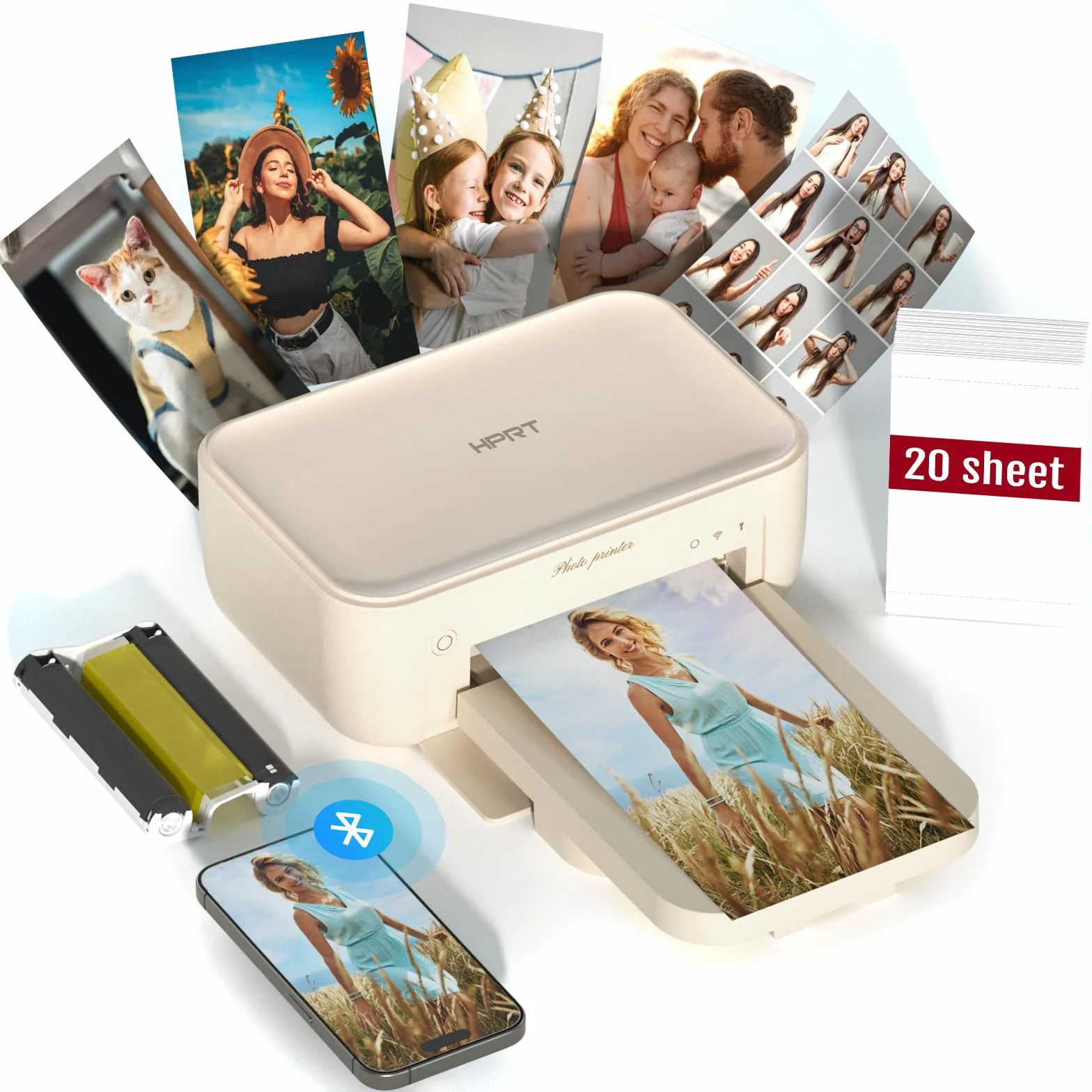 HPRT Desktop Fotodrucker 10cm x 15cm mit 20 Blatt Fotopapier & 1 Band, Instant Bilddrucker für iPhone, Smartphone, Thermische Farbstoffsublimation, WI-Fi-Verbindung, Zuhause, Beige