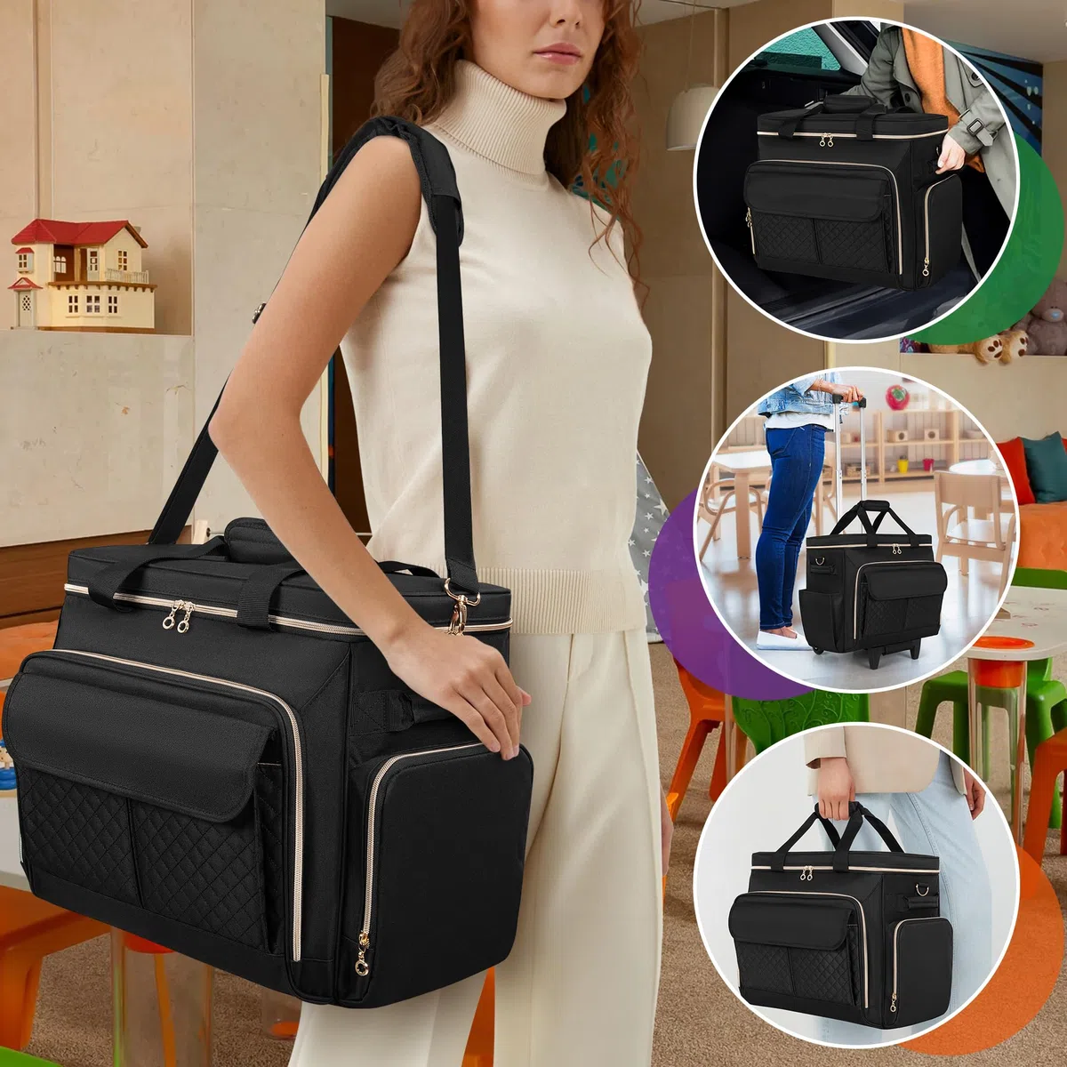 Luxja Lehrertasche Damen Groß, Lehrertasche Trolley, Lehrertrolley für Reisen & Schule, Rollende Laptoptasche Frauen mit Rädern, Schwarz
