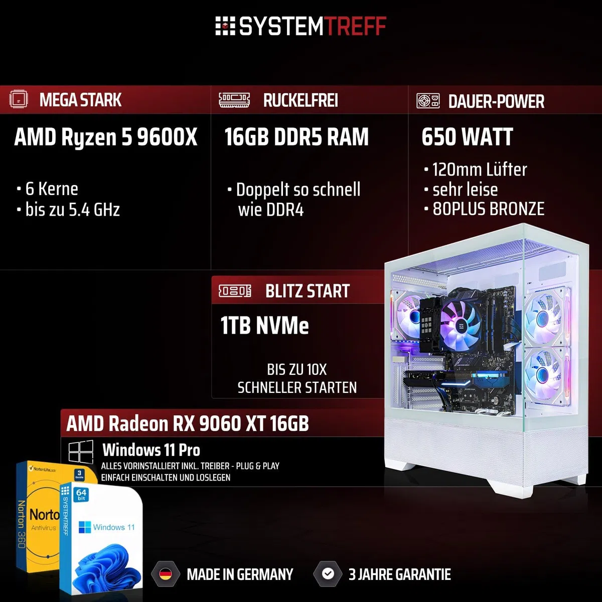SYSTEMTREFF High-End Gaming PC weiß AMD Ryzen 5 9600X 6x5.4GHz | AMD Radeon RX 9060 XT 16GB DX12 | 1TB M.2 NVMe | 16GB DDR5 RAM | Windows 11 | Desktop Computer Rechner für Gamer, Zocker & Streamer